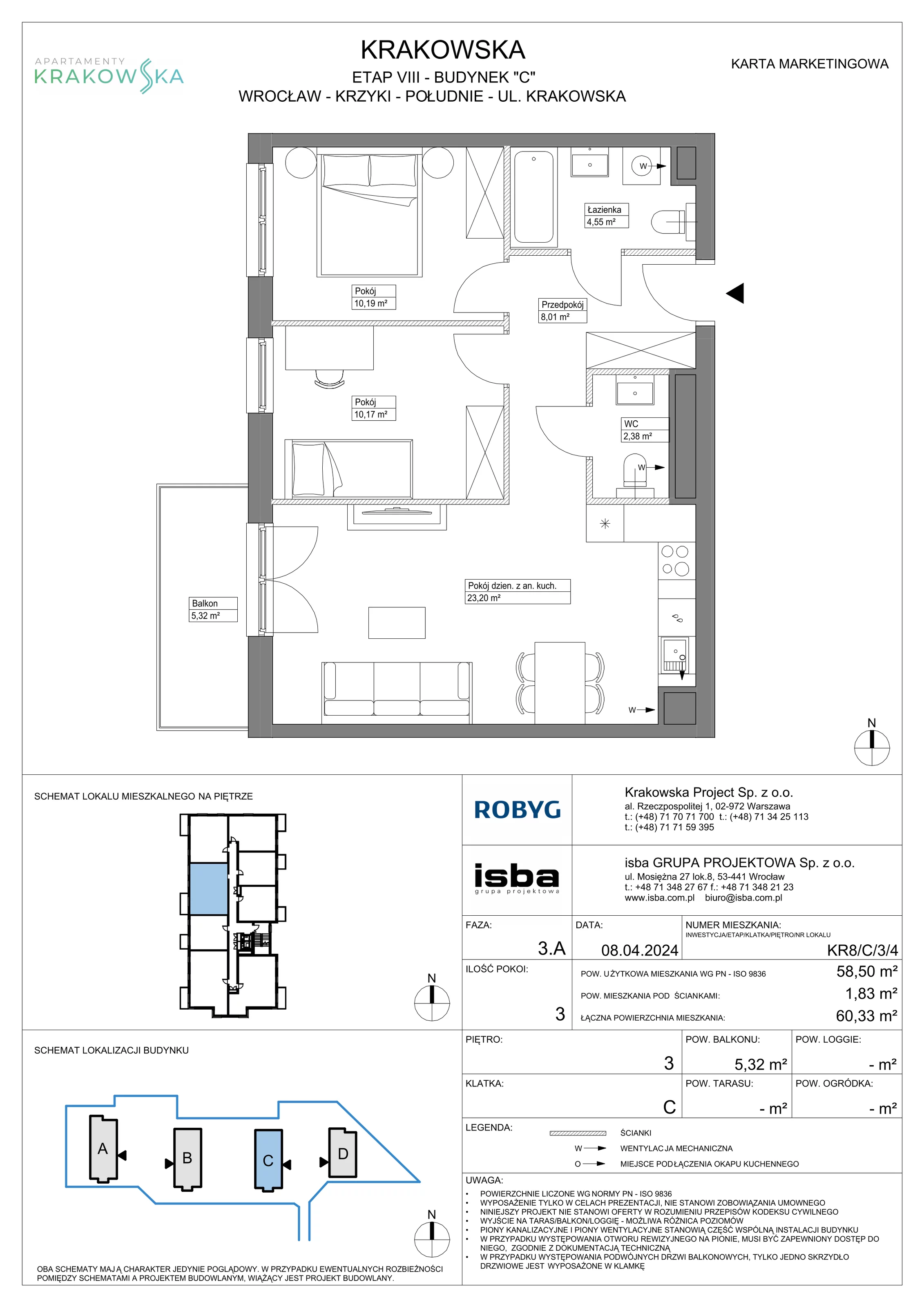 3 pokoje, mieszkanie 58,50 m², piętro 3, oferta nr KR8/C/3/4, Apartamenty Krakowska, Wrocław, Przedmieście Oławskie, Krzyki, ul. Krakowska