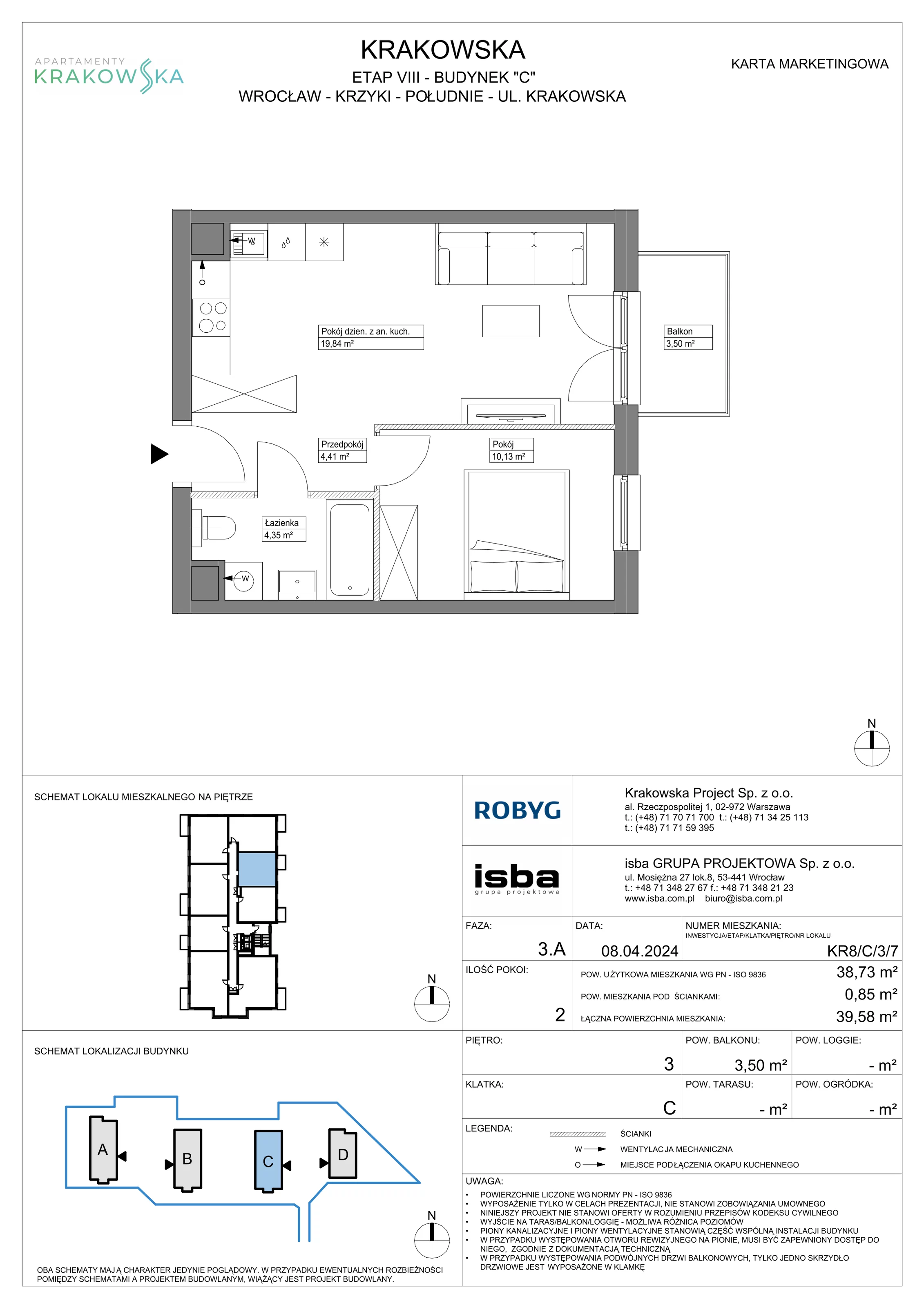 2 pokoje, mieszkanie 38,73 m², piętro 3, oferta nr KR8/C/3/7, Apartamenty Krakowska, Wrocław, Przedmieście Oławskie, Krzyki, ul. Krakowska