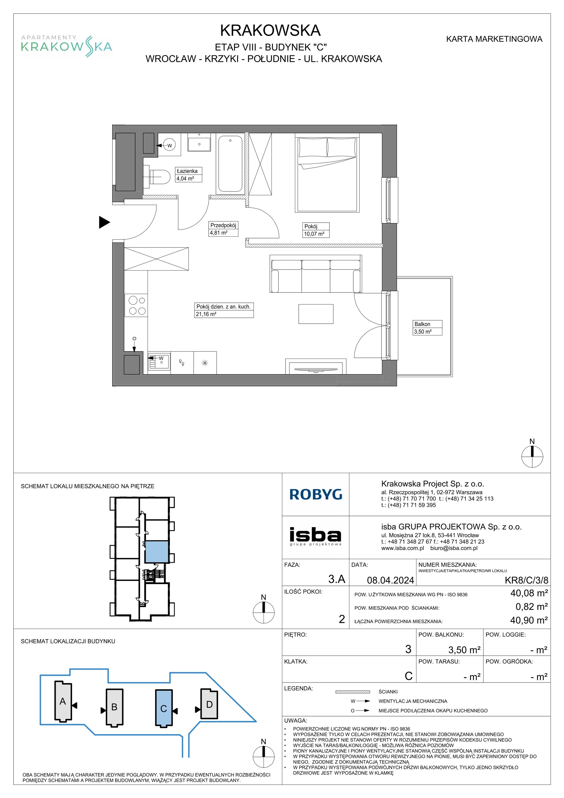 2 pokoje, mieszkanie 40,08 m², piętro 3, oferta nr KR8/C/3/8, Apartamenty Krakowska, Wrocław, Przedmieście Oławskie, Krzyki, ul. Krakowska