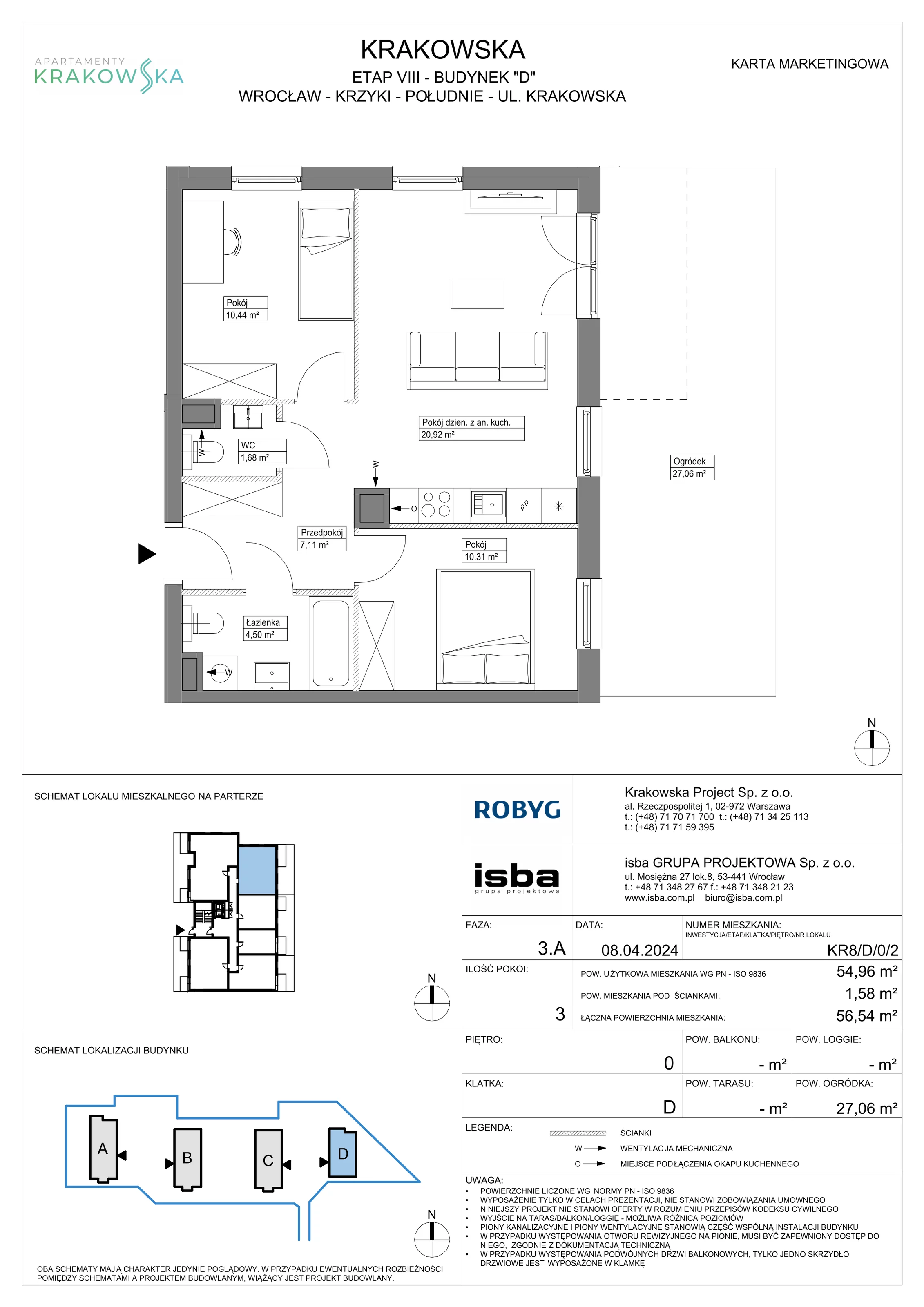 3 pokoje, mieszkanie 54,96 m², parter, oferta nr KR8/D/0/2, Apartamenty Krakowska, Wrocław, Przedmieście Oławskie, Krzyki, ul. Krakowska