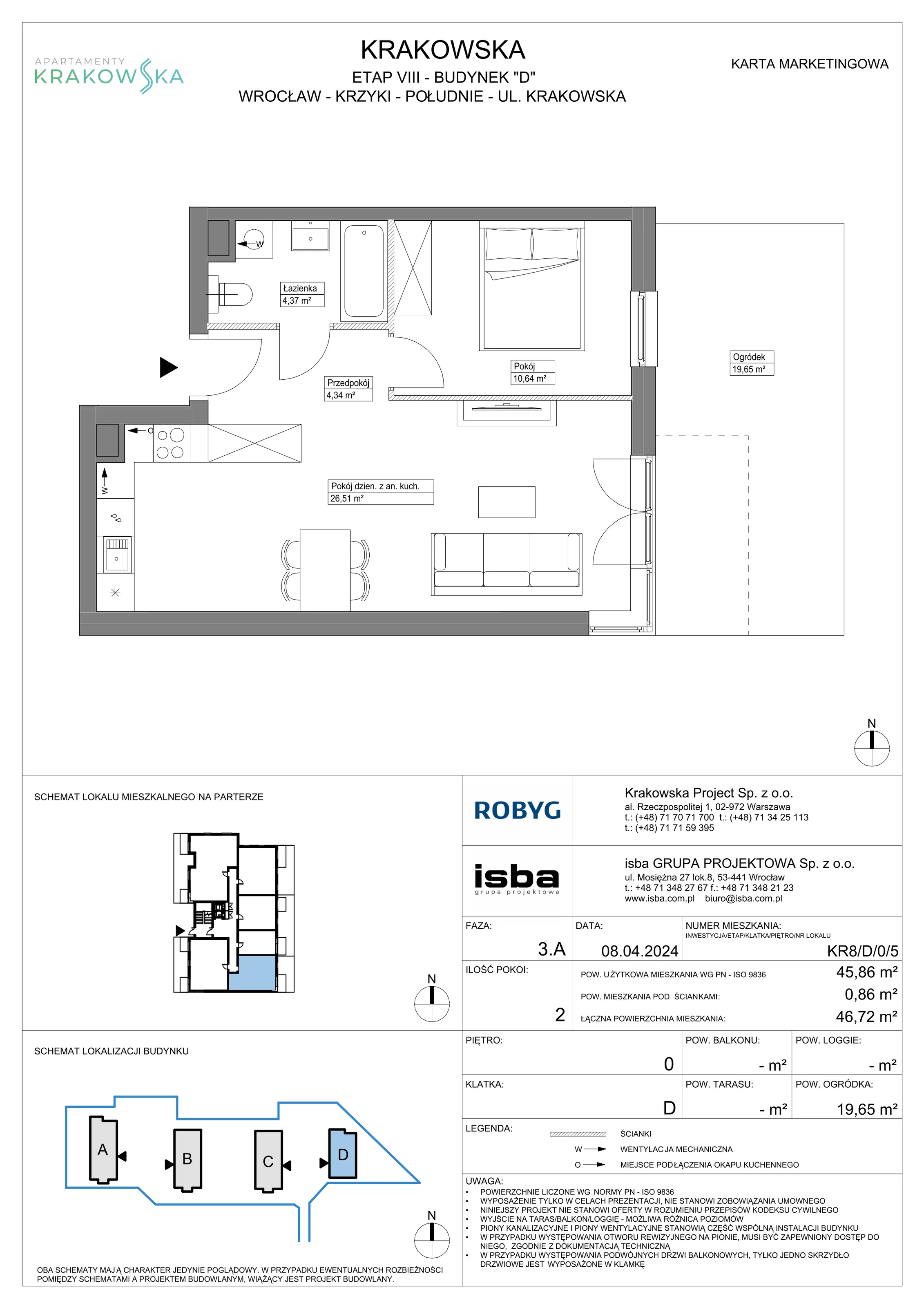 2 pokoje, mieszkanie 45,86 m², parter, oferta nr KR8/D/0/5, Apartamenty Krakowska, Wrocław, Przedmieście Oławskie, Krzyki, ul. Krakowska