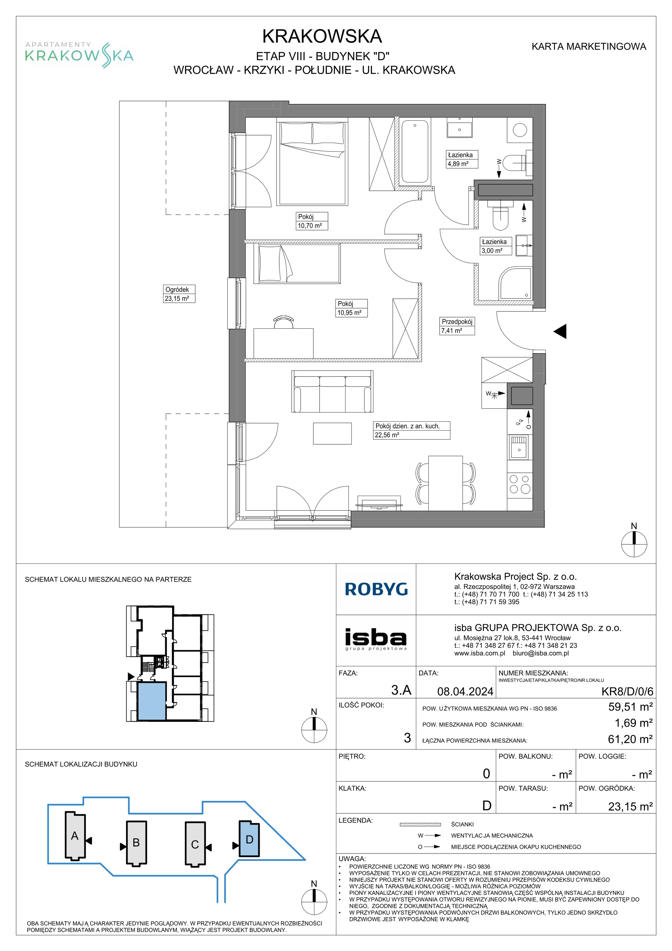 3 pokoje, mieszkanie 59,51 m², parter, oferta nr KR8/D/0/6, Apartamenty Krakowska, Wrocław, Przedmieście Oławskie, Krzyki, ul. Krakowska