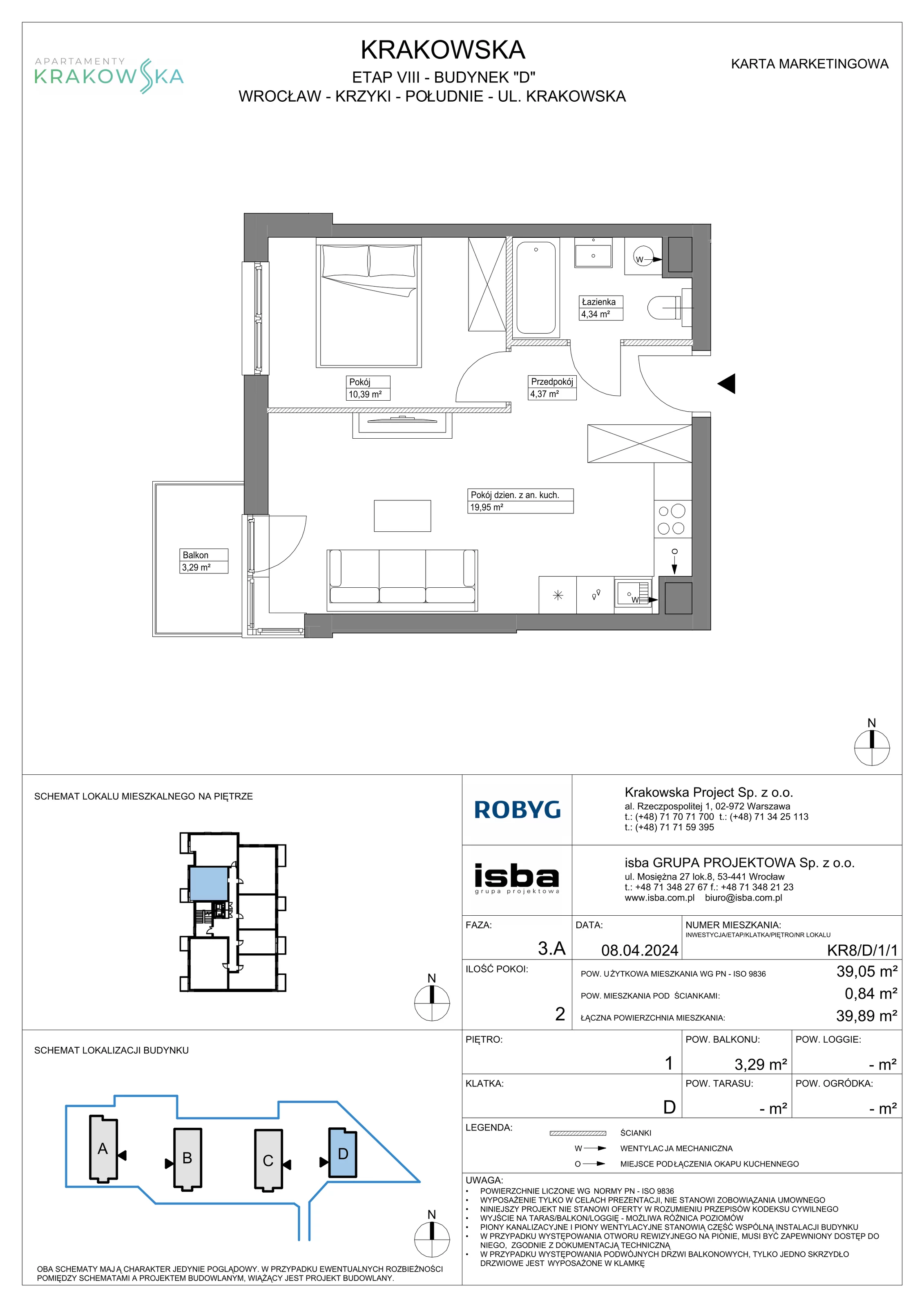 Mieszkanie 39,05 m², piętro 1, oferta nr KR8/D/1/1, Apartamenty Krakowska, Wrocław, Przedmieście Oławskie, Krzyki, ul. Krakowska