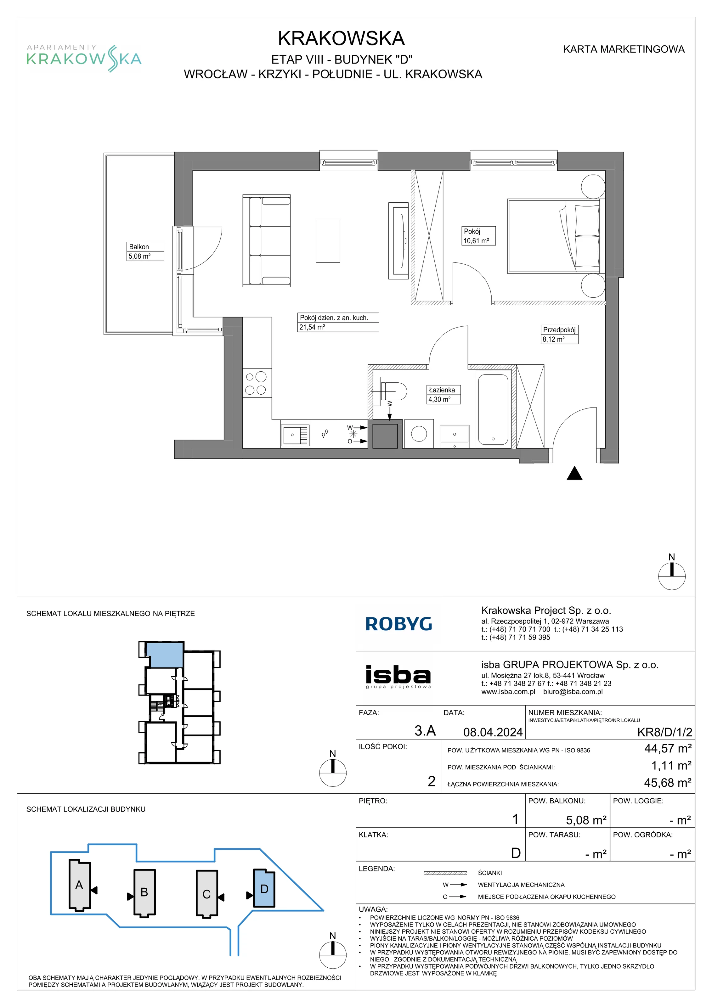 2 pokoje, mieszkanie 44,57 m², piętro 1, oferta nr KR8/D/1/2, Apartamenty Krakowska, Wrocław, Przedmieście Oławskie, Krzyki, ul. Krakowska