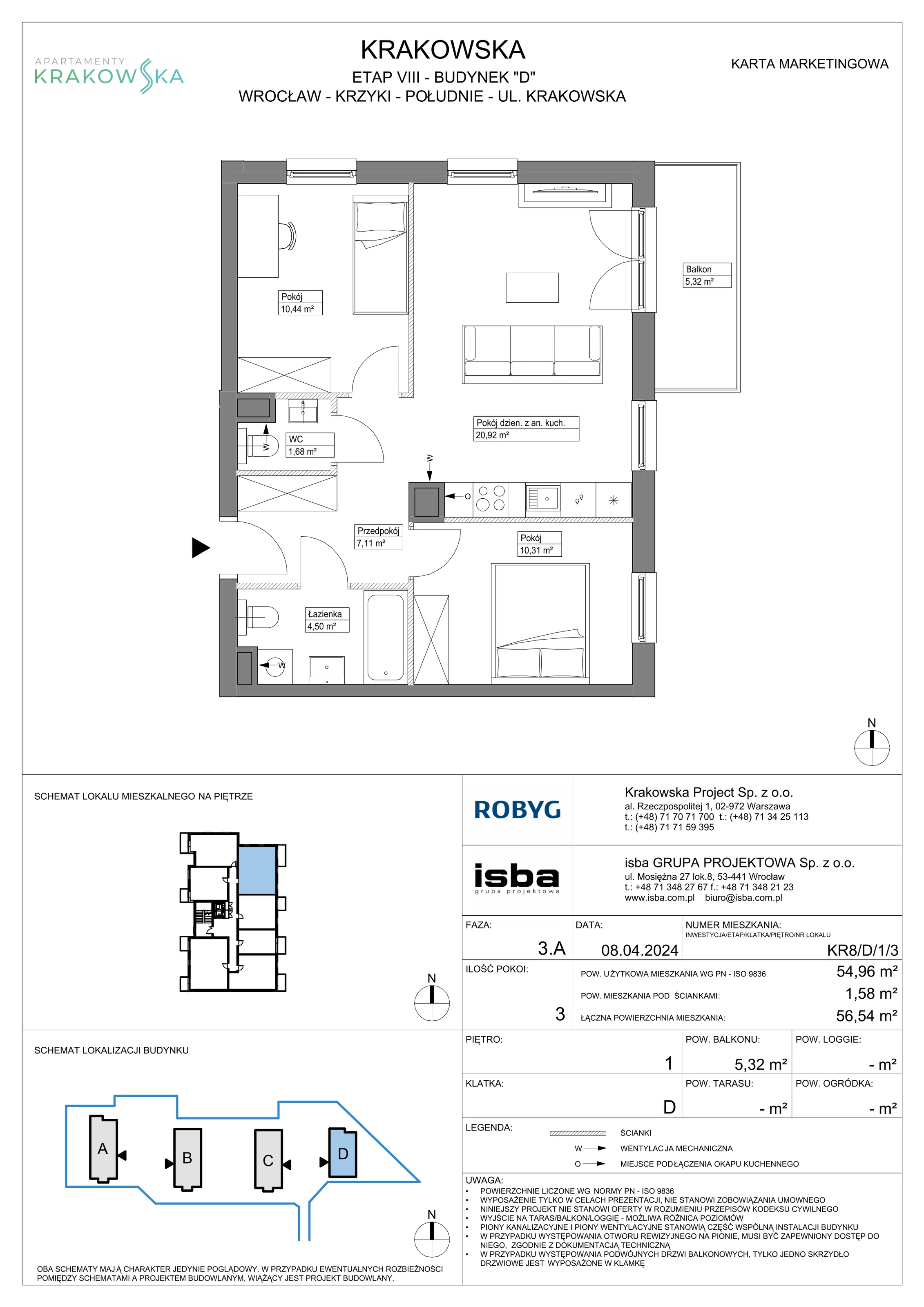 3 pokoje, mieszkanie 54,96 m², piętro 1, oferta nr KR8/D/1/3, Apartamenty Krakowska, Wrocław, Przedmieście Oławskie, Krzyki, ul. Krakowska