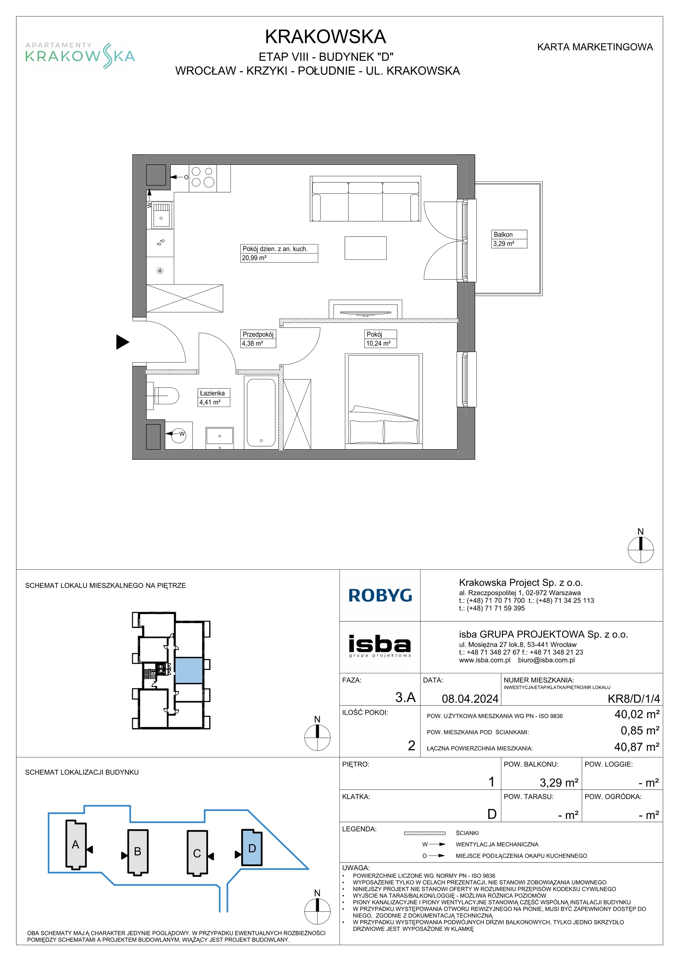 2 pokoje, mieszkanie 40,02 m², piętro 1, oferta nr KR8/D/1/4, Apartamenty Krakowska, Wrocław, Przedmieście Oławskie, Krzyki, ul. Krakowska