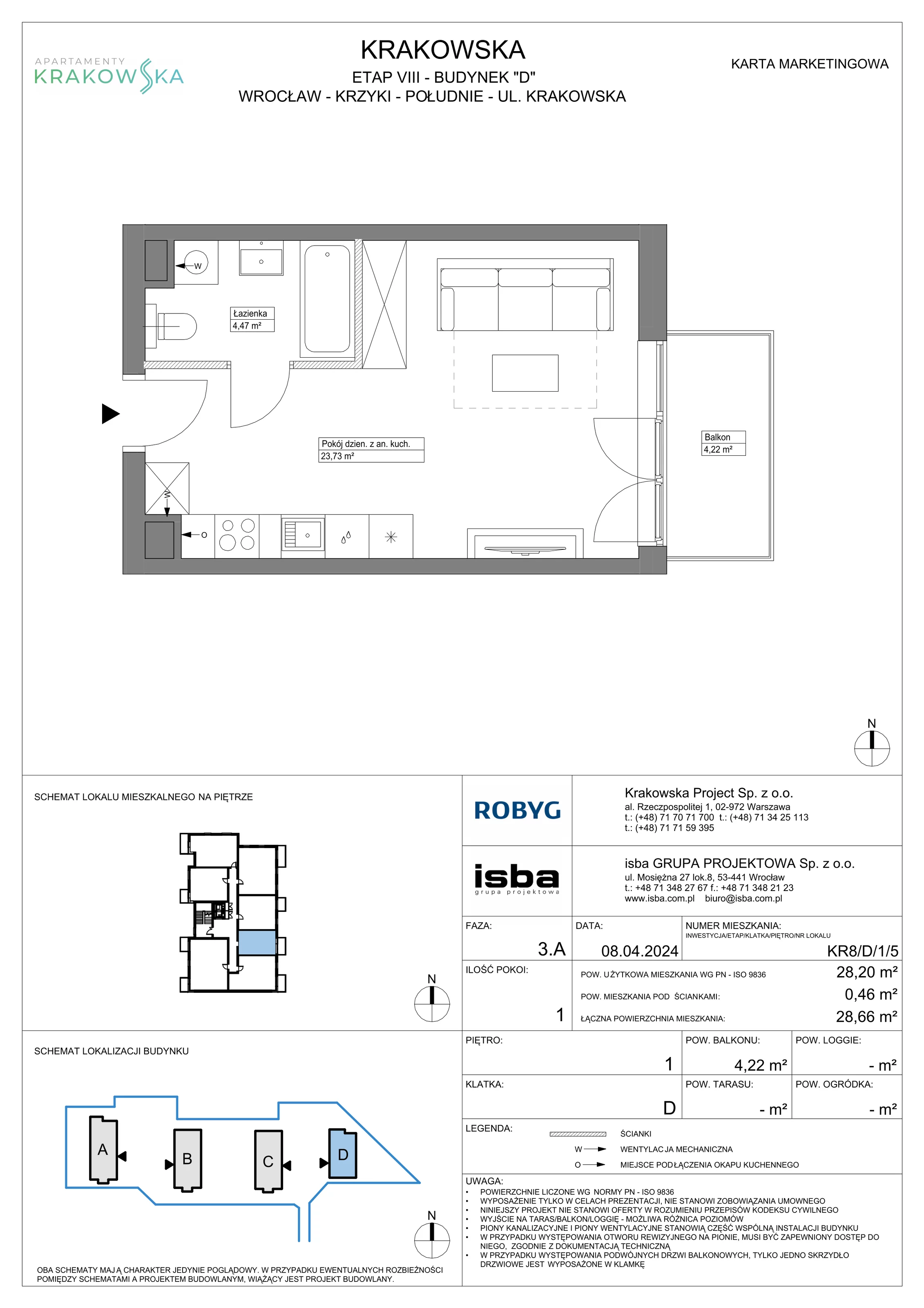 Mieszkanie 28,20 m², piętro 1, oferta nr KR8/D/1/5, Apartamenty Krakowska, Wrocław, Przedmieście Oławskie, Krzyki, ul. Krakowska