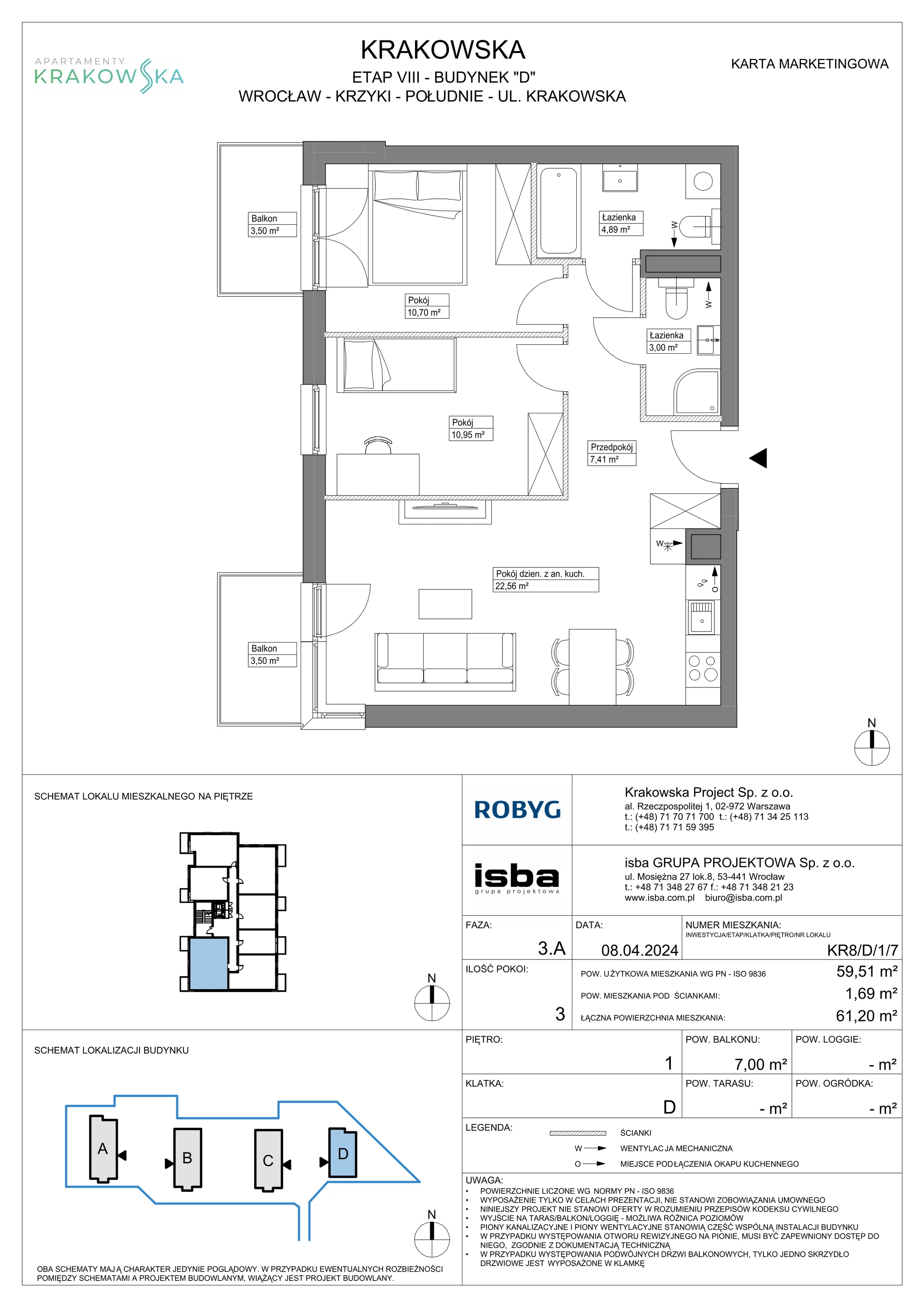 3 pokoje, mieszkanie 59,51 m², piętro 1, oferta nr KR8/D/1/7, Apartamenty Krakowska, Wrocław, Przedmieście Oławskie, Krzyki, ul. Krakowska