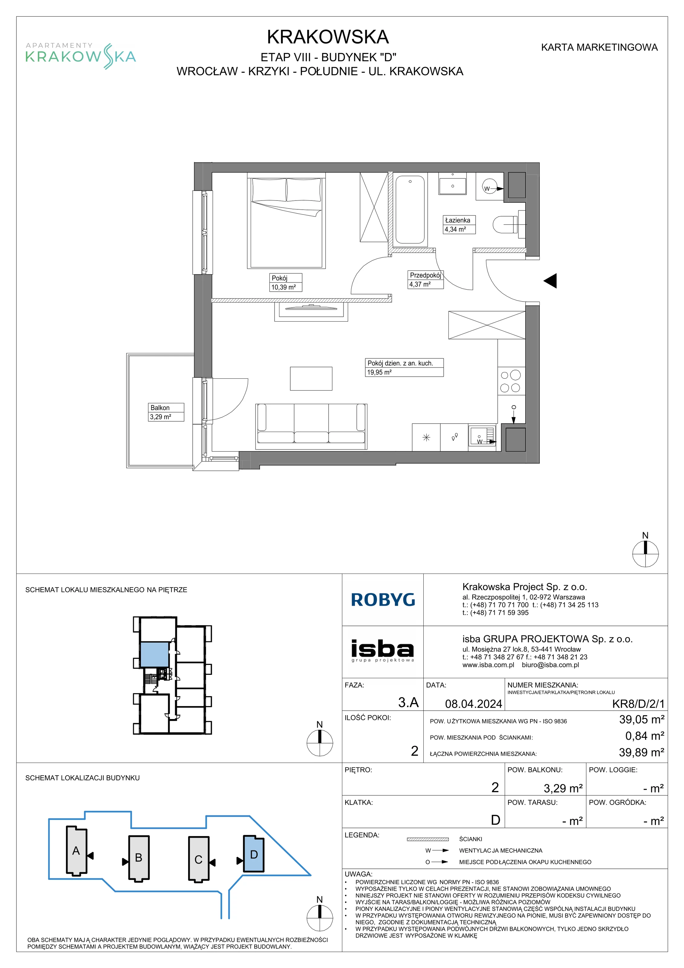 2 pokoje, mieszkanie 39,05 m², piętro 2, oferta nr KR8/D/2/1, Apartamenty Krakowska, Wrocław, Przedmieście Oławskie, Krzyki, ul. Krakowska