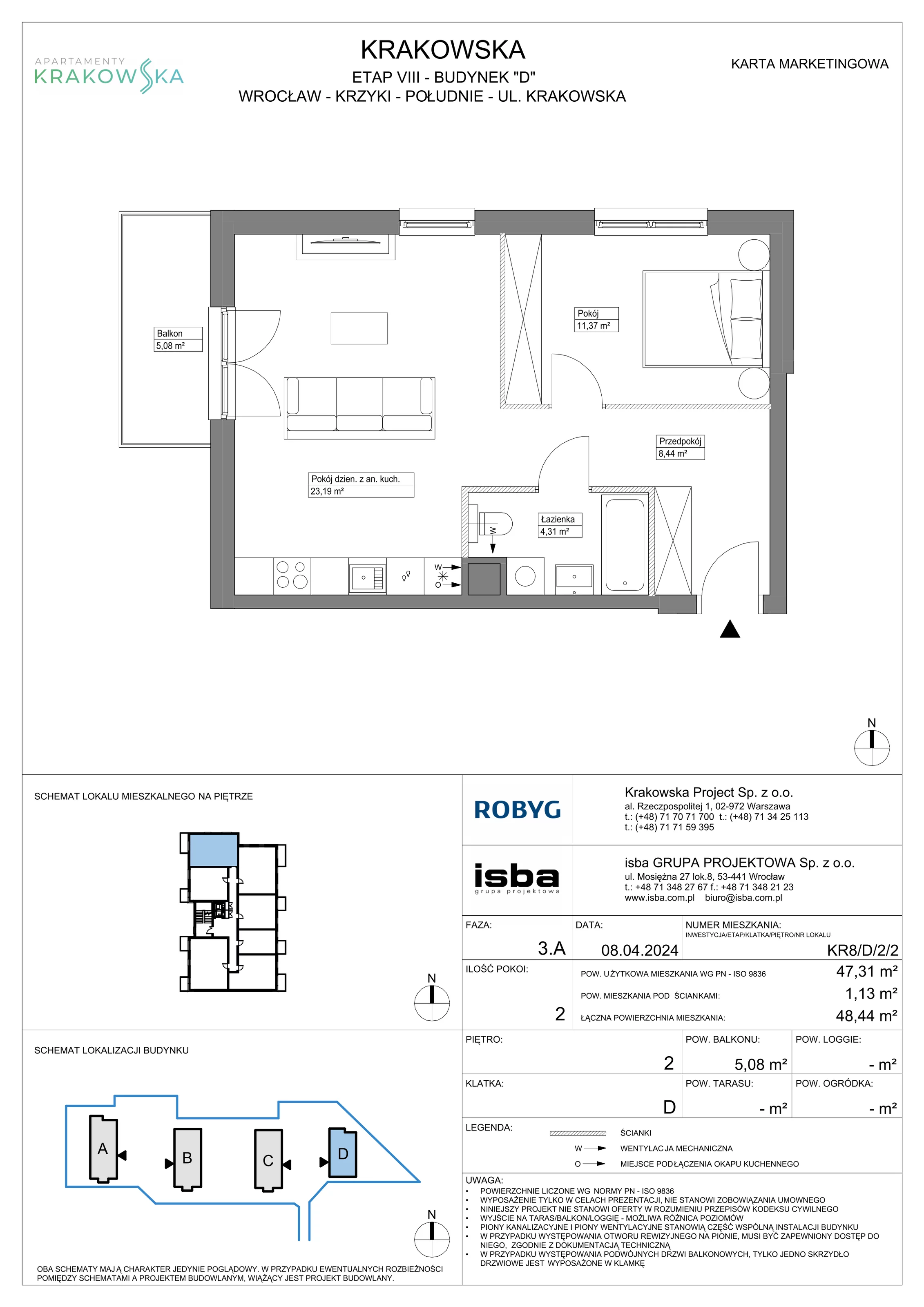 2 pokoje, mieszkanie 47,31 m², piętro 2, oferta nr KR8/D/2/2, Apartamenty Krakowska, Wrocław, Przedmieście Oławskie, Krzyki, ul. Krakowska