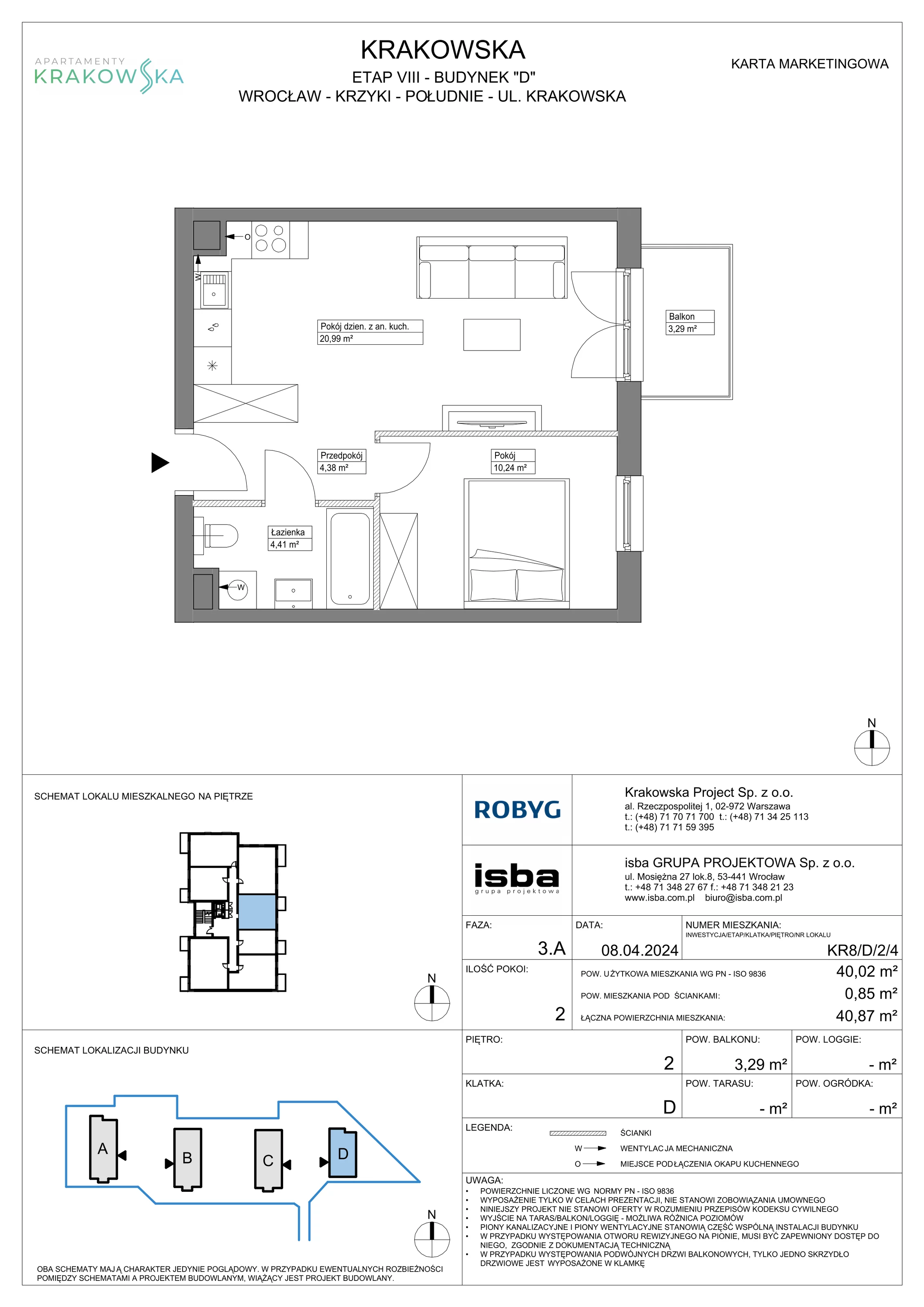 2 pokoje, mieszkanie 40,02 m², piętro 2, oferta nr KR8/D/2/4, Apartamenty Krakowska, Wrocław, Przedmieście Oławskie, Krzyki, ul. Krakowska