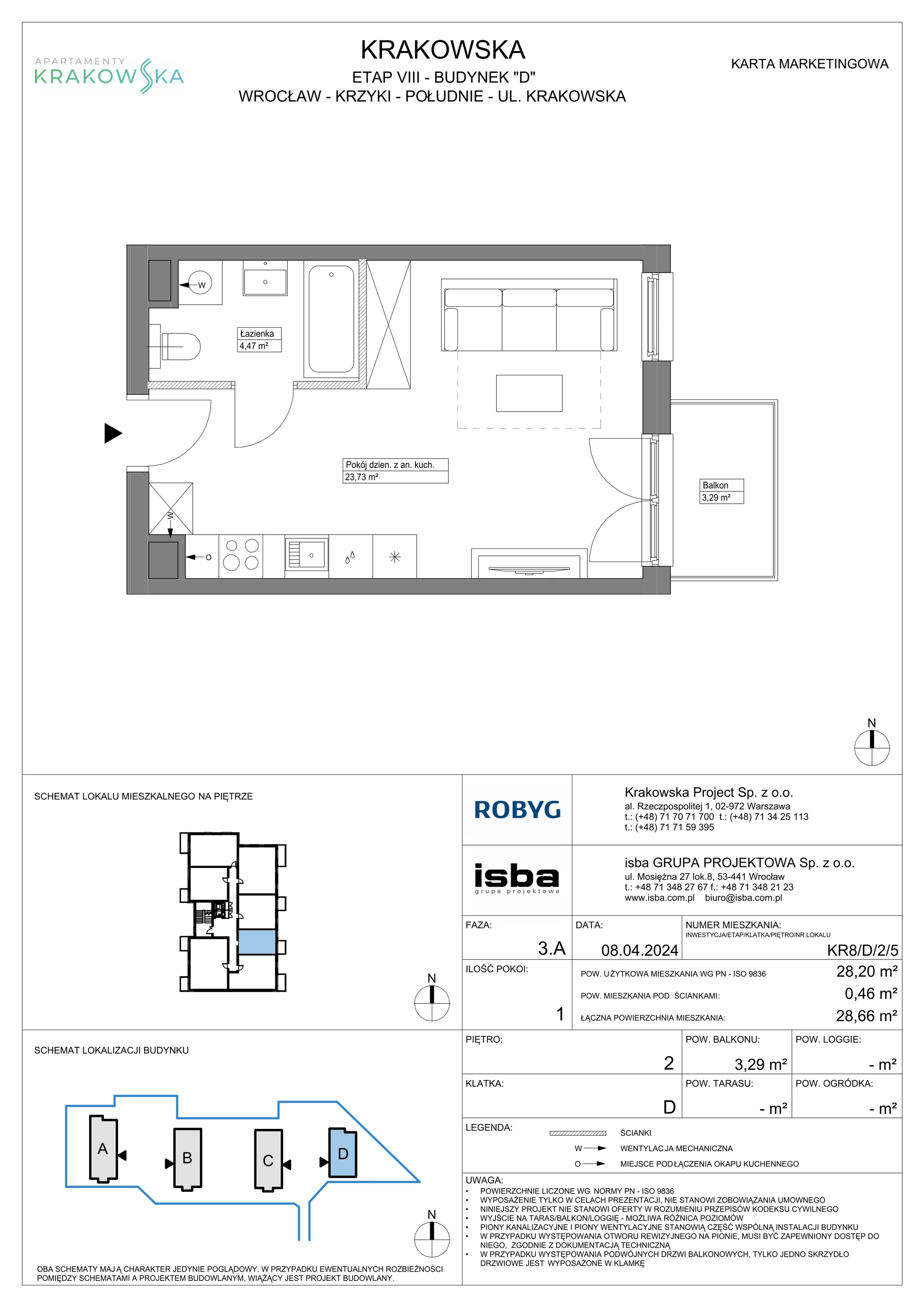 Mieszkanie 28,20 m², piętro 2, oferta nr KR8/D/2/5, Apartamenty Krakowska, Wrocław, Przedmieście Oławskie, Krzyki, ul. Krakowska