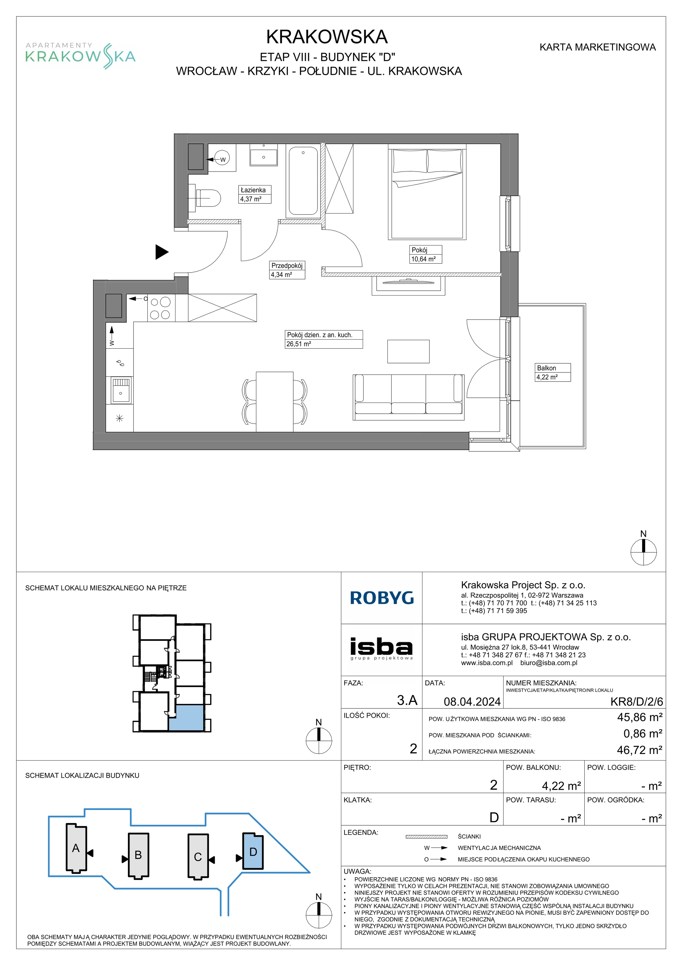 2 pokoje, mieszkanie 45,86 m², piętro 2, oferta nr KR8/D/2/6, Apartamenty Krakowska, Wrocław, Przedmieście Oławskie, Krzyki, ul. Krakowska