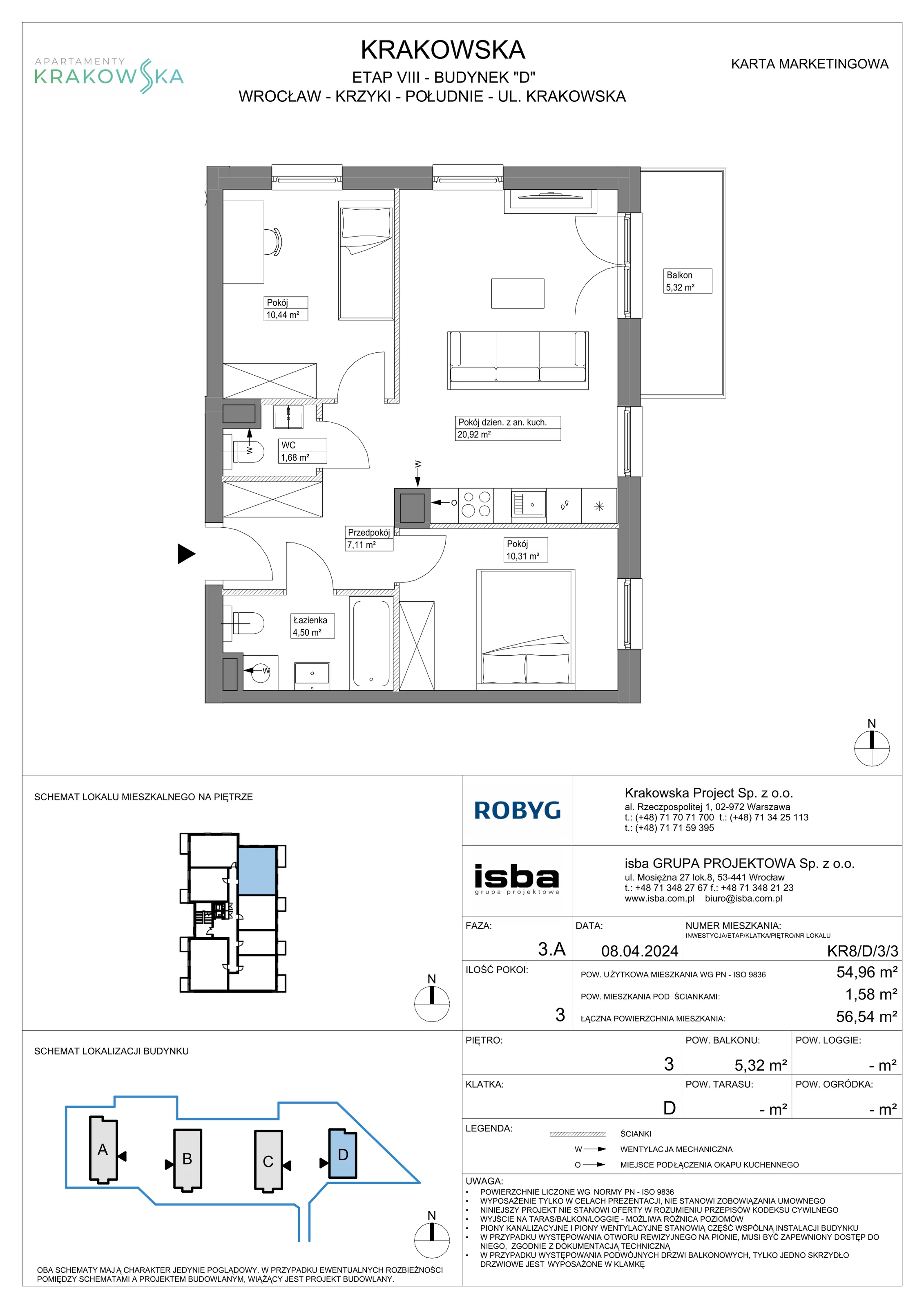 3 pokoje, mieszkanie 54,96 m², piętro 3, oferta nr KR8/D/3/3, Apartamenty Krakowska, Wrocław, Przedmieście Oławskie, Krzyki, ul. Krakowska