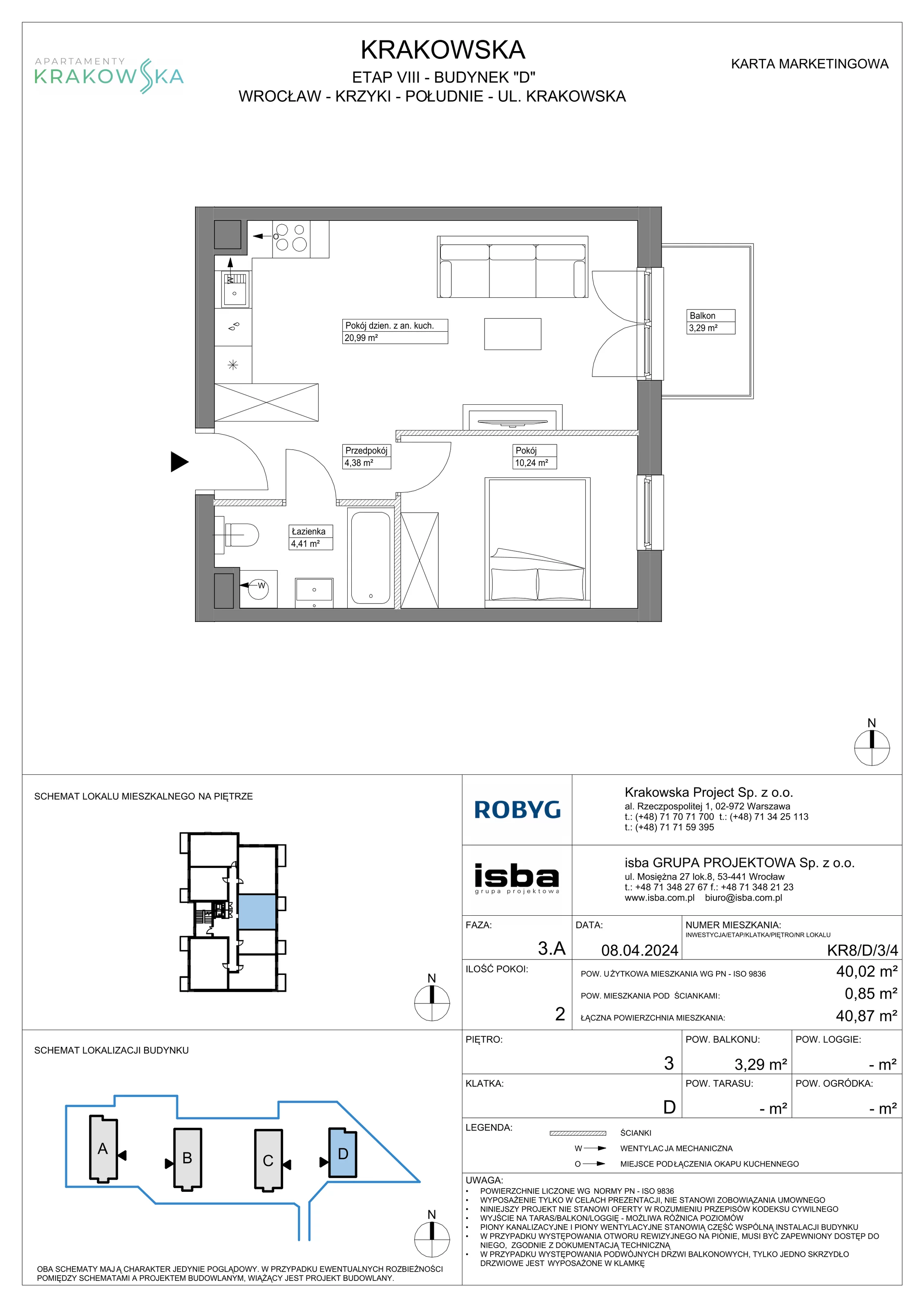 2 pokoje, mieszkanie 40,02 m², piętro 3, oferta nr KR8/D/3/4, Apartamenty Krakowska, Wrocław, Przedmieście Oławskie, Krzyki, ul. Krakowska