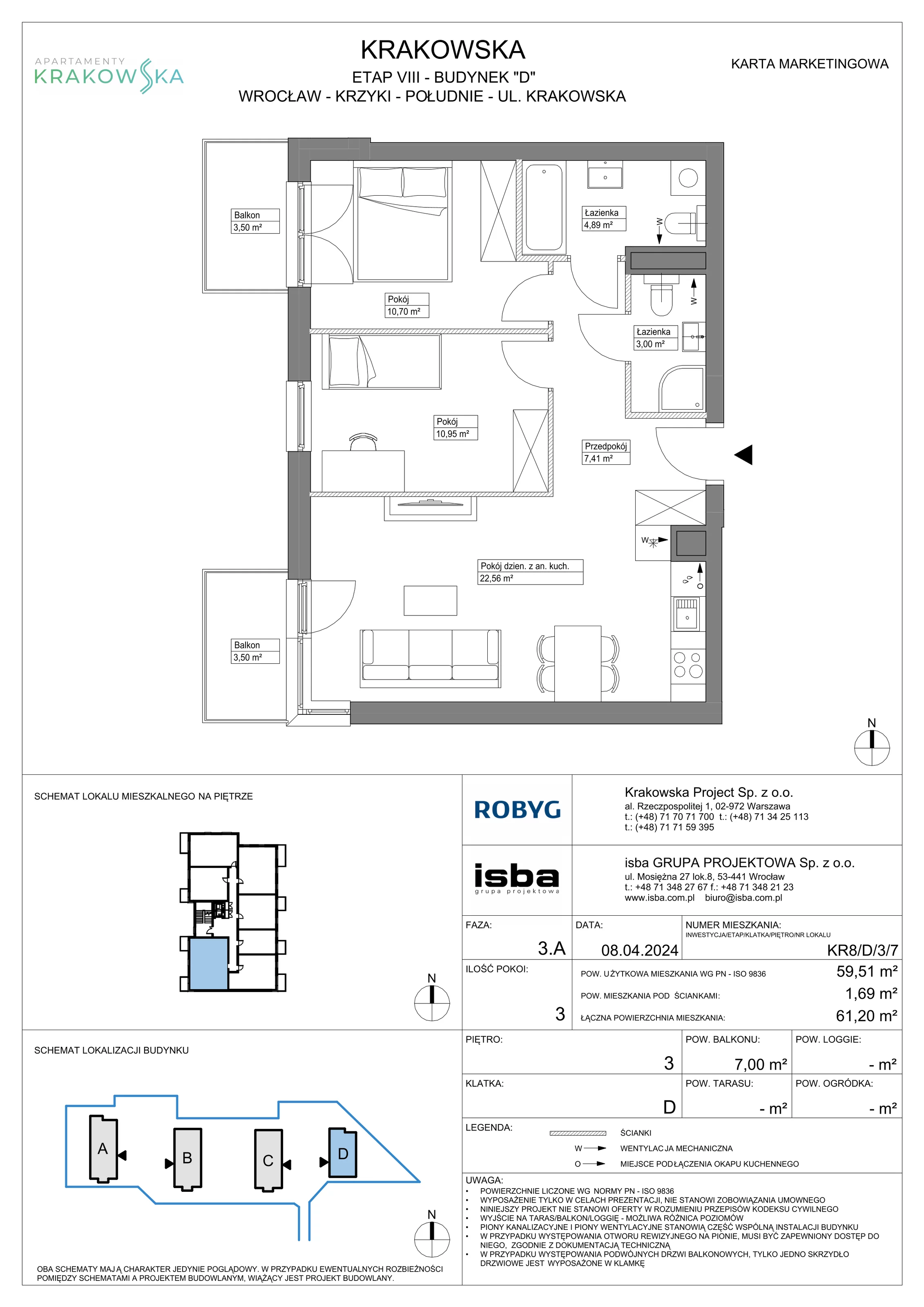 3 pokoje, mieszkanie 59,51 m², piętro 3, oferta nr KR8/D/3/7, Apartamenty Krakowska, Wrocław, Przedmieście Oławskie, Krzyki, ul. Krakowska