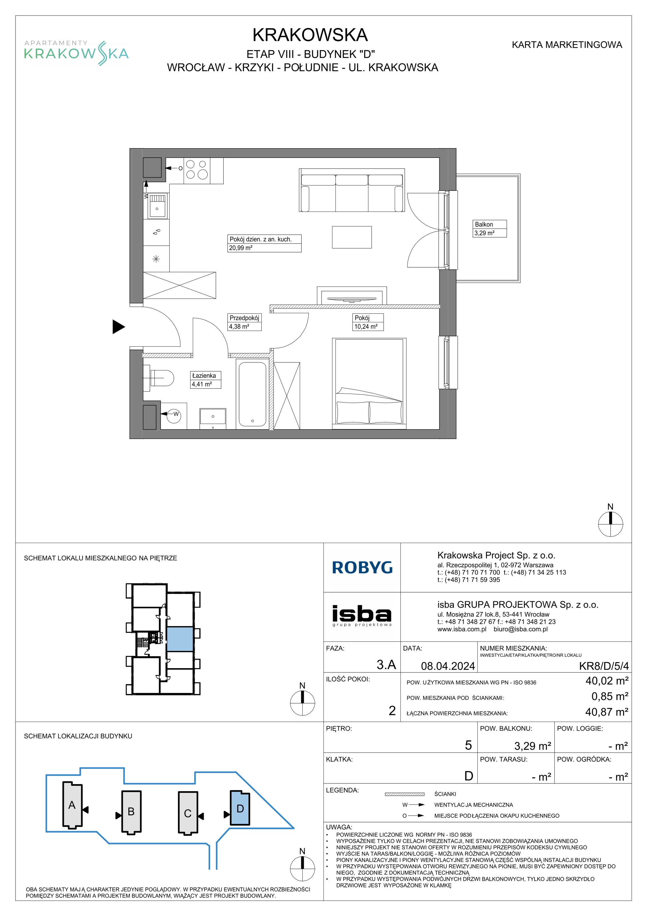 2 pokoje, mieszkanie 40,02 m², piętro 5, oferta nr KR8/D/5/4, Apartamenty Krakowska, Wrocław, Przedmieście Oławskie, Krzyki, ul. Krakowska