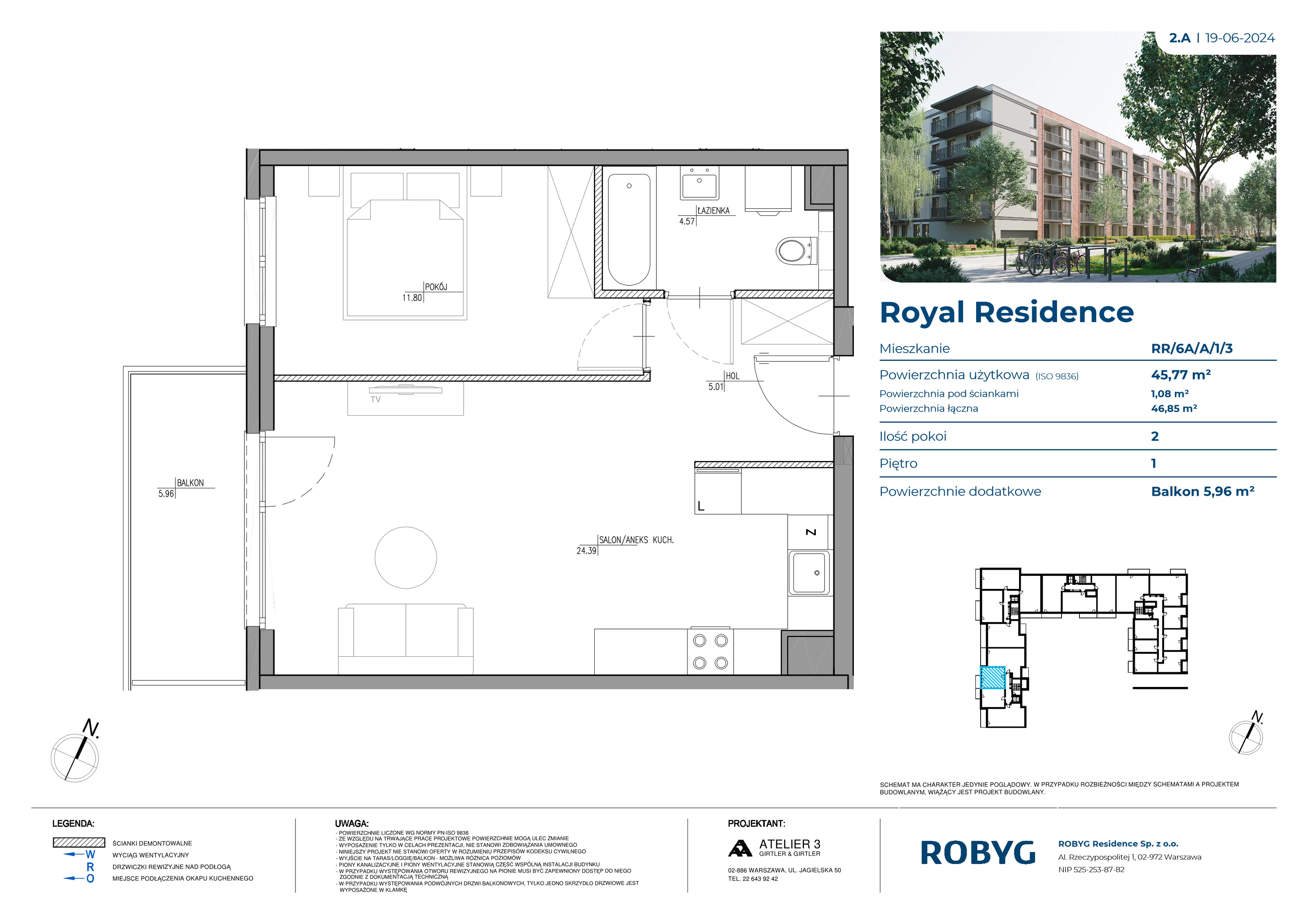 Mieszkanie 45,77 m², piętro 1, oferta nr RR/6A/A/1/3, Royal Residence 6A, Warszawa, Wilanów, Błonia Wilanowskie, ul. Sarmacka