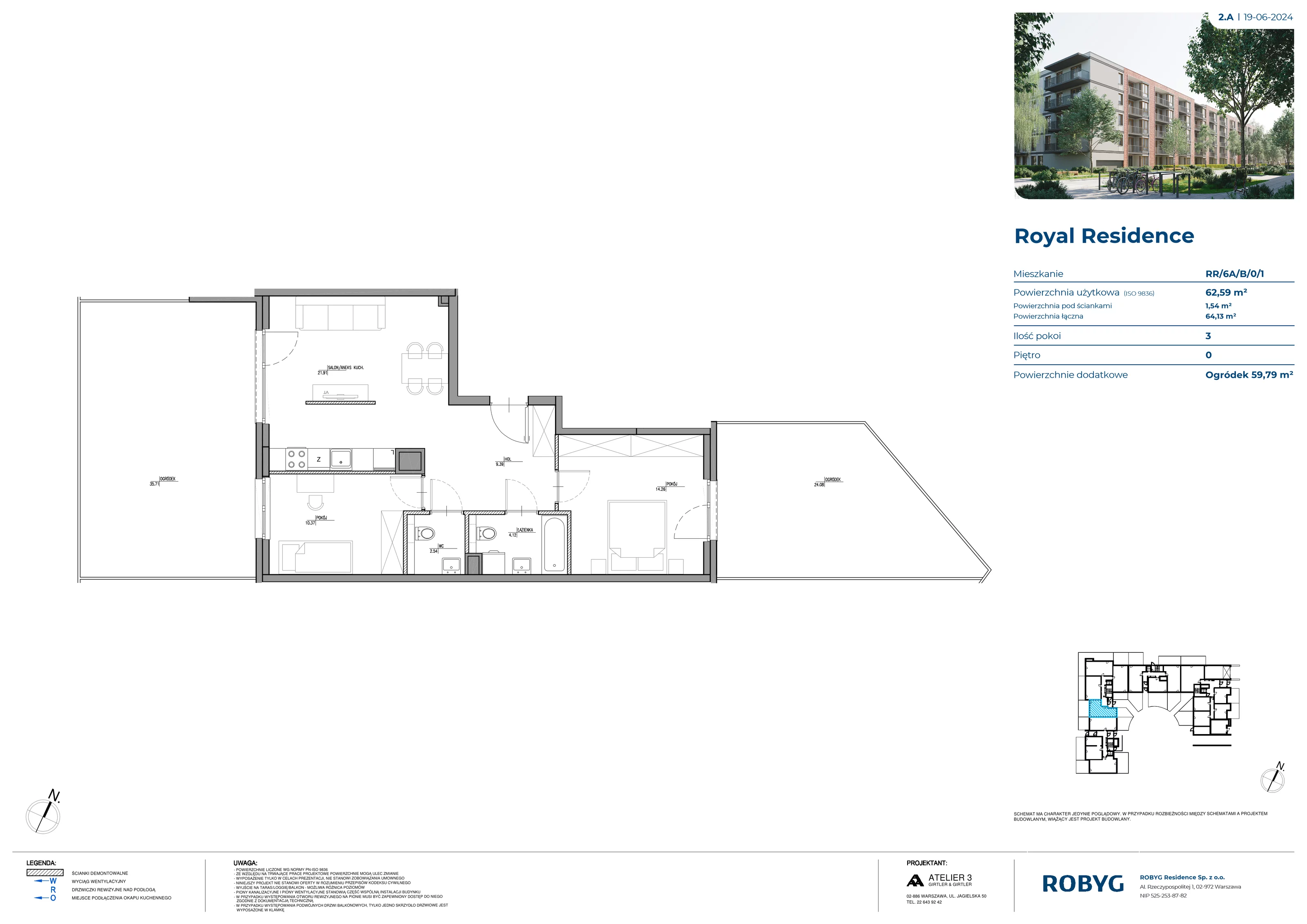 3 pokoje, mieszkanie 62,59 m², parter, oferta nr RR/6A/B/0/1, Royal Residence 6A, Warszawa, Wilanów, Błonia Wilanowskie, ul. Sarmacka