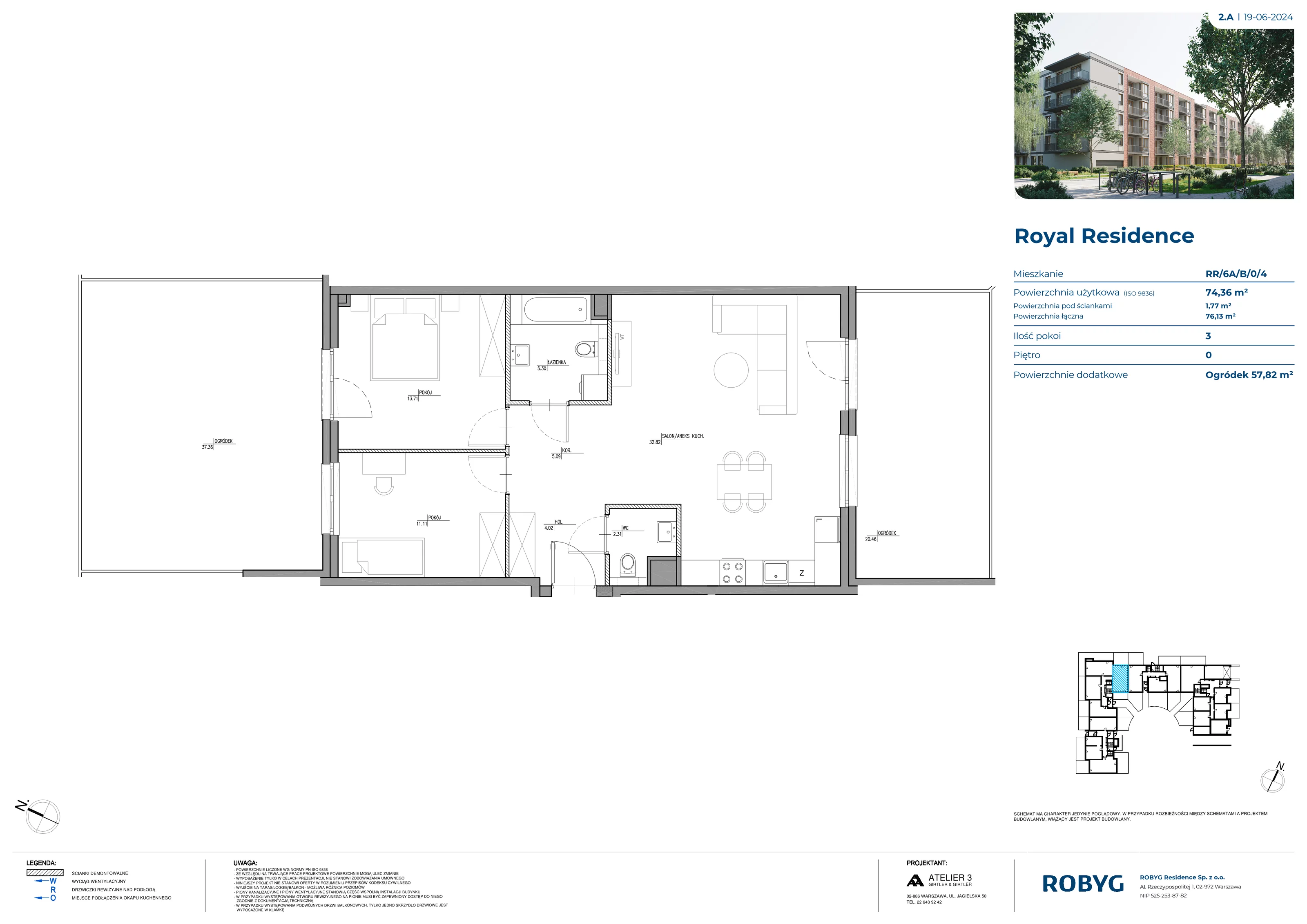 3 pokoje, mieszkanie 74,36 m², parter, oferta nr RR/6A/B/0/4, Royal Residence 6A, Warszawa, Wilanów, Błonia Wilanowskie, ul. Sarmacka