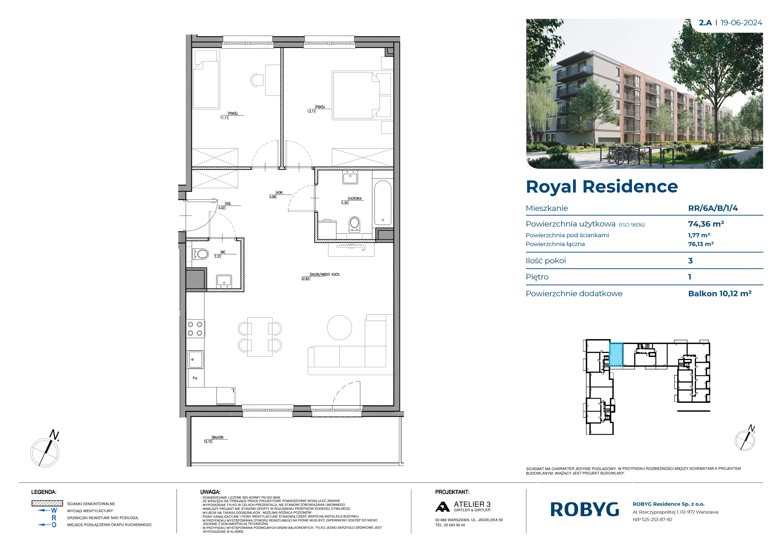 3 pokoje, mieszkanie 74,36 m², piętro 1, oferta nr RR/6A/B/1/4, Royal Residence 6A, Warszawa, Wilanów, Błonia Wilanowskie, ul. Sarmacka