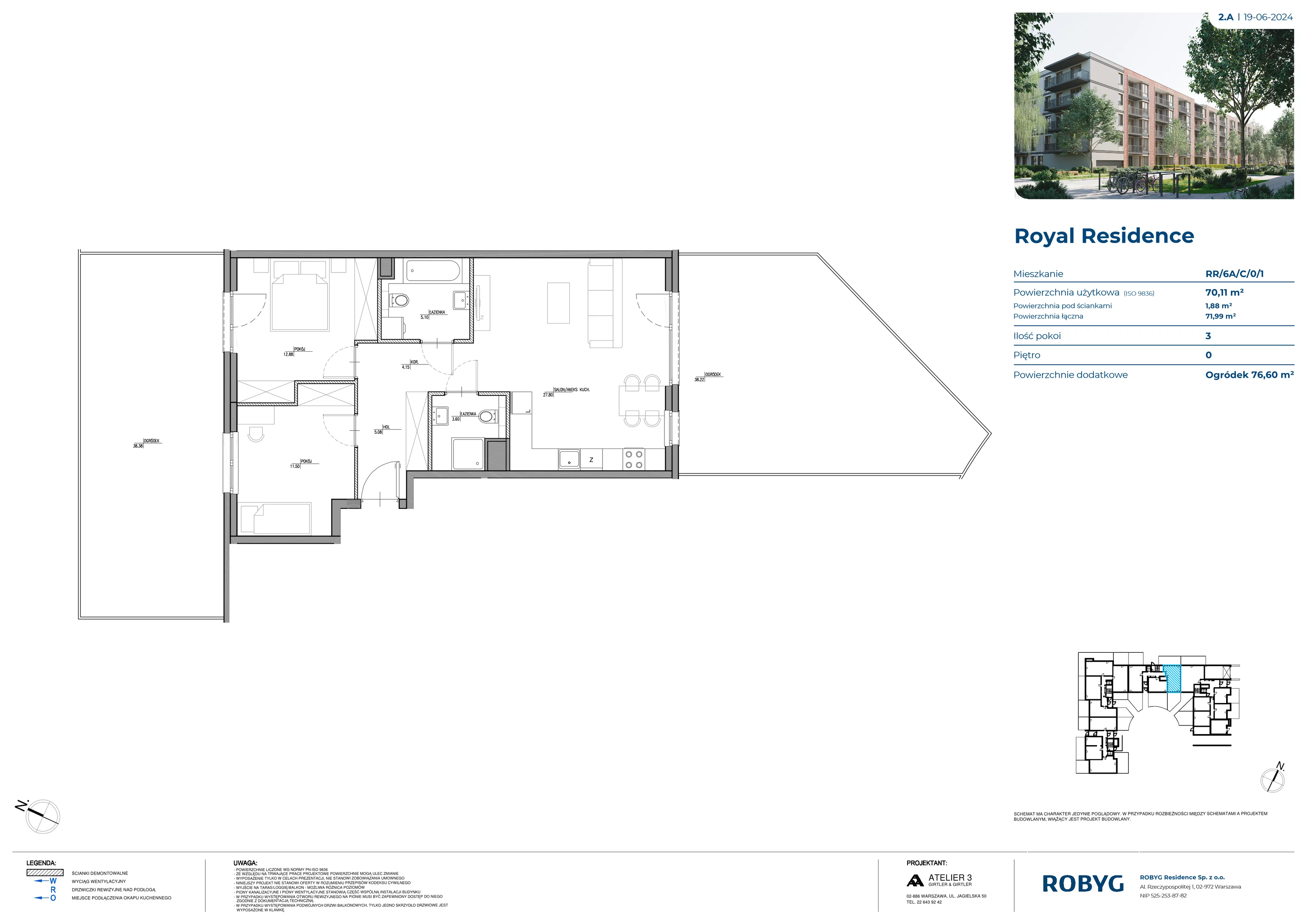 3 pokoje, mieszkanie 70,11 m², parter, oferta nr RR/6A/C/0/1, Royal Residence 6A, Warszawa, Wilanów, Błonia Wilanowskie, ul. Sarmacka