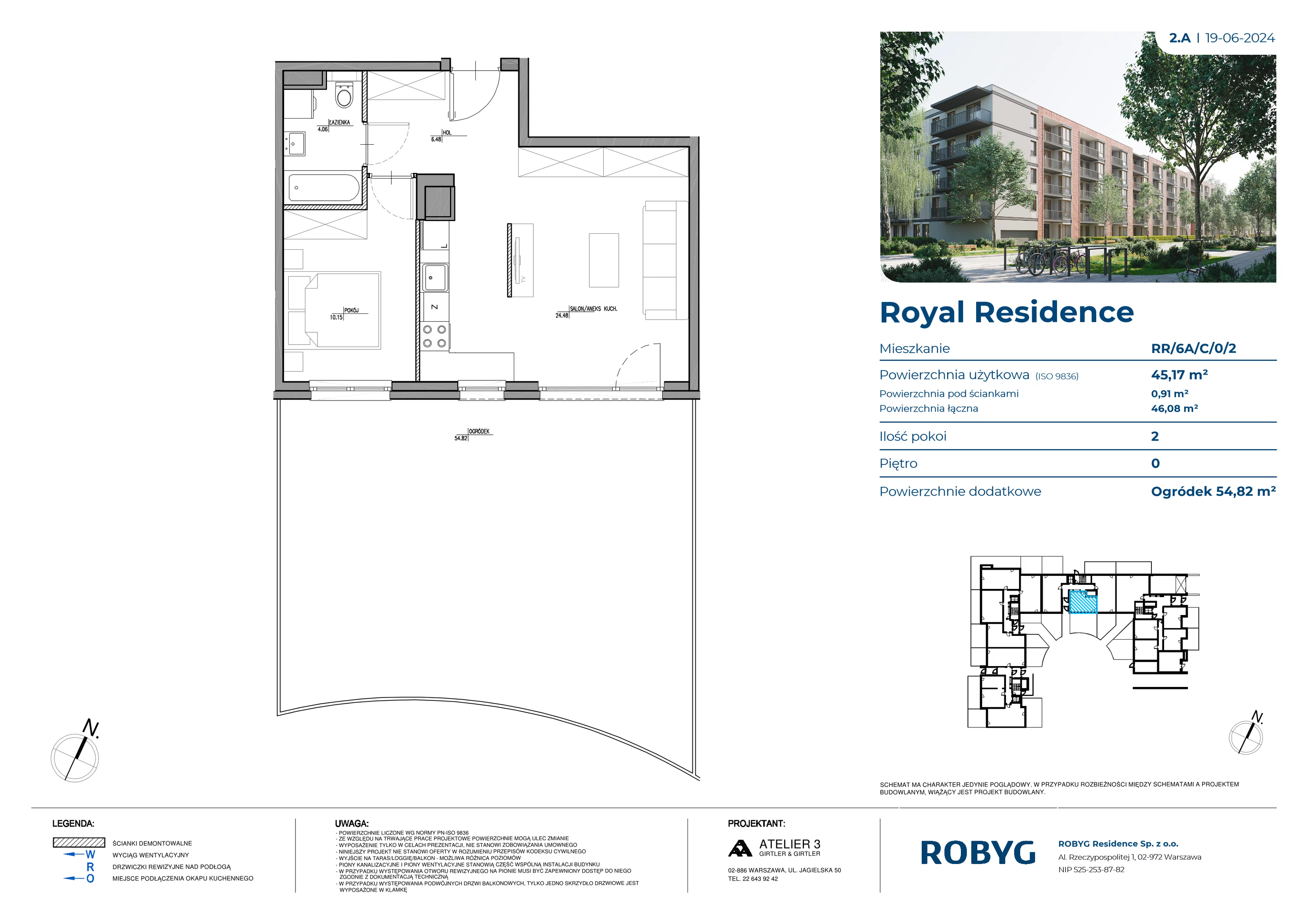 Mieszkanie 45,17 m², parter, oferta nr RR/6A/C/0/2, Royal Residence 6A, Warszawa, Wilanów, Błonia Wilanowskie, ul. Sarmacka