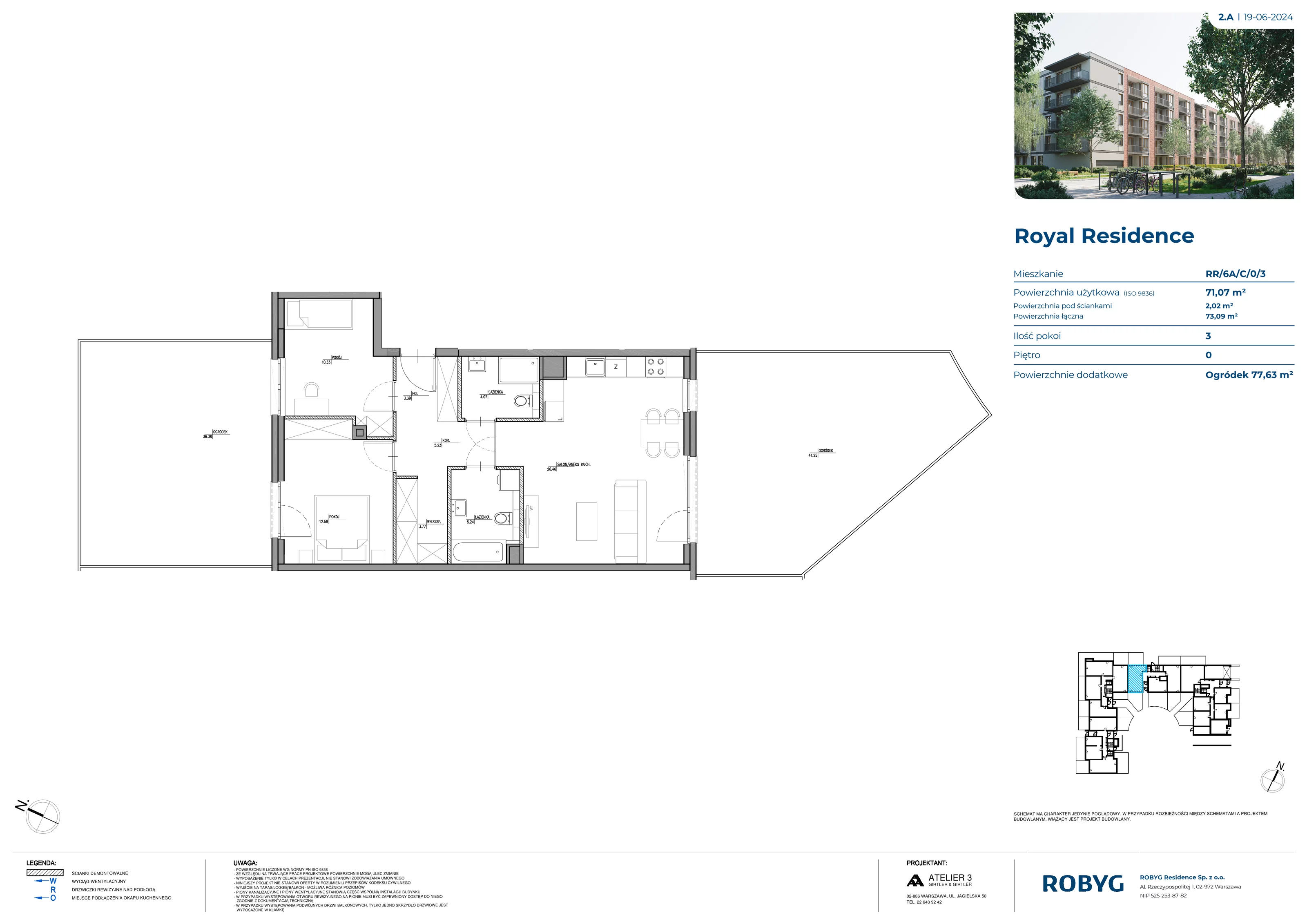 3 pokoje, mieszkanie 71,07 m², parter, oferta nr RR/6A/C/0/3, Royal Residence 6A, Warszawa, Wilanów, Błonia Wilanowskie, ul. Sarmacka