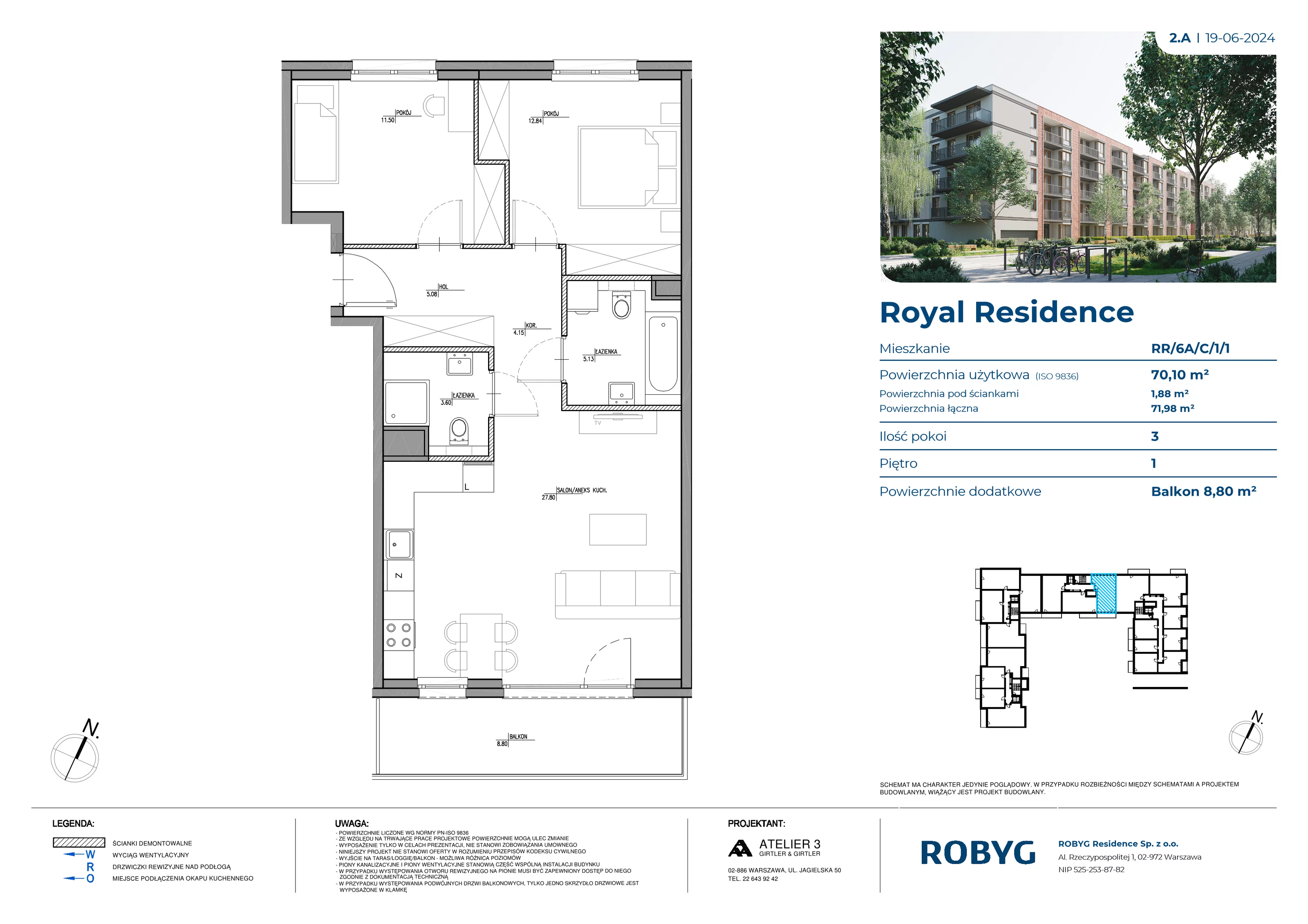 3 pokoje, mieszkanie 70,10 m², piętro 1, oferta nr RR/6A/C/1/1, Royal Residence 6A, Warszawa, Wilanów, Błonia Wilanowskie, ul. Sarmacka