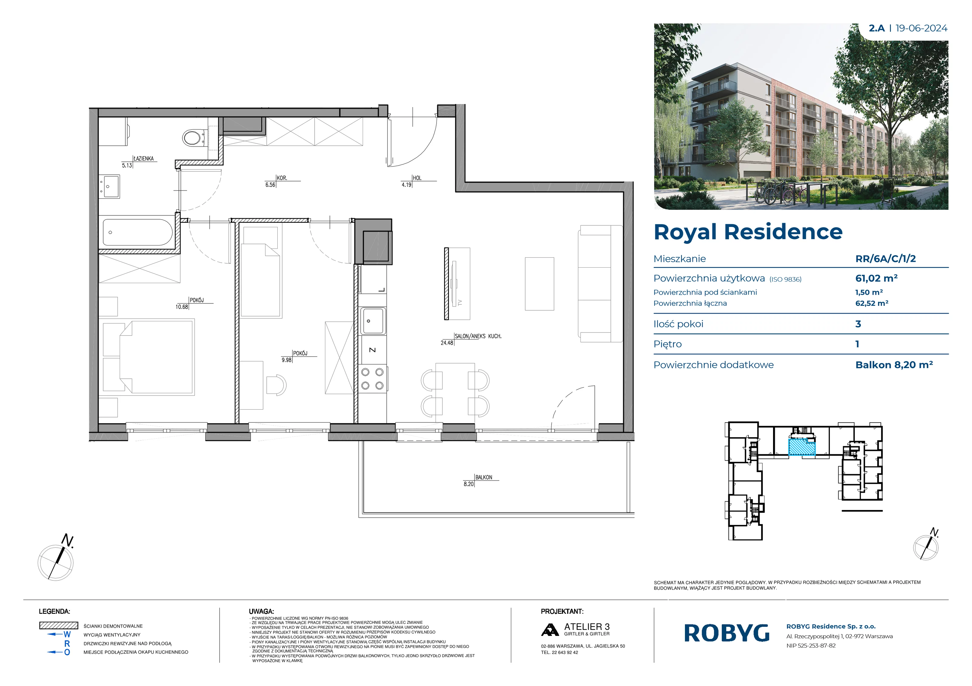 3 pokoje, mieszkanie 61,02 m², piętro 1, oferta nr RR/6A/C/1/2, Royal Residence 6A, Warszawa, Wilanów, Błonia Wilanowskie, ul. Sarmacka