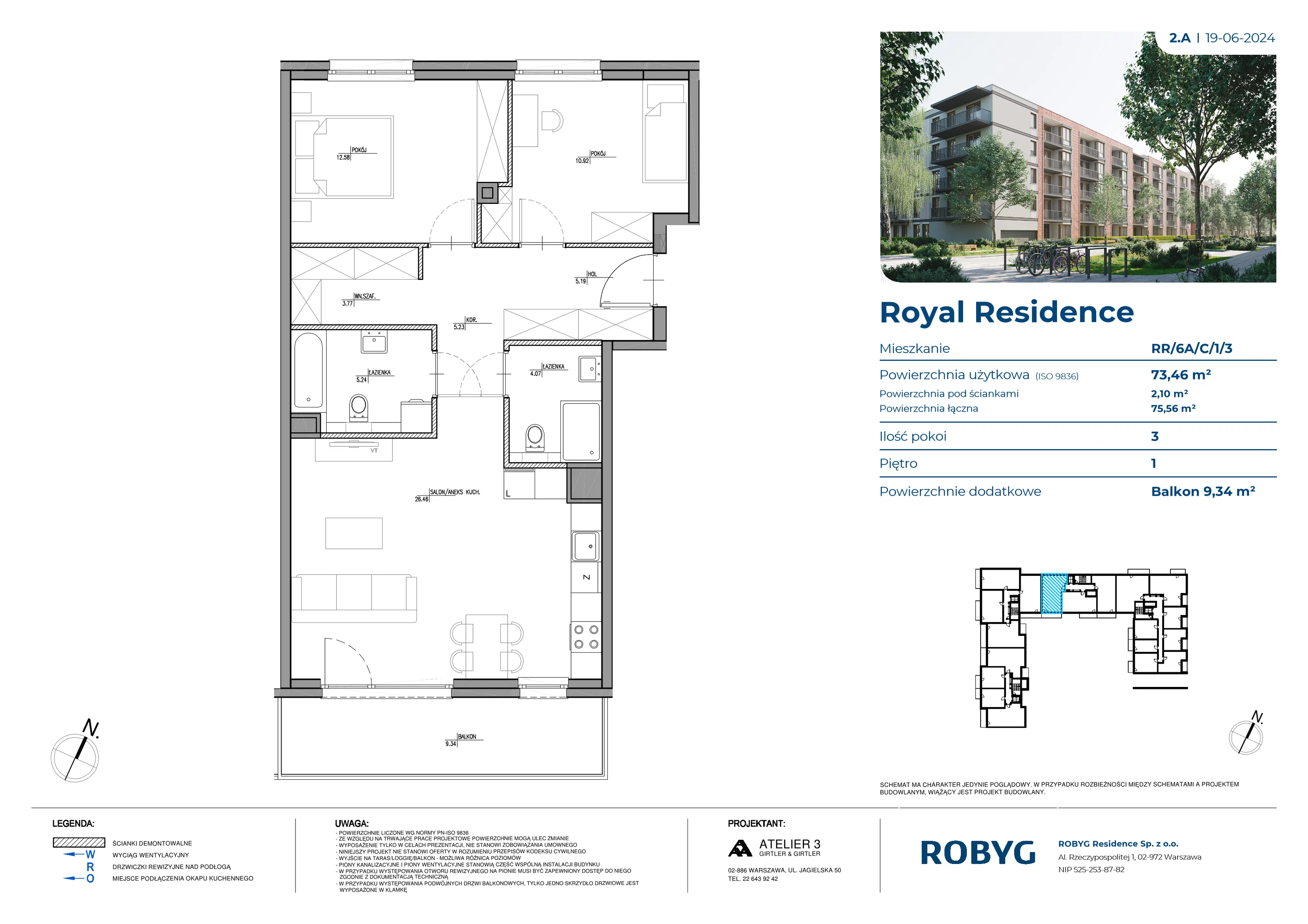 3 pokoje, mieszkanie 73,46 m², piętro 1, oferta nr RR/6A/C/1/3, Royal Residence 6A, Warszawa, Wilanów, Błonia Wilanowskie, ul. Sarmacka