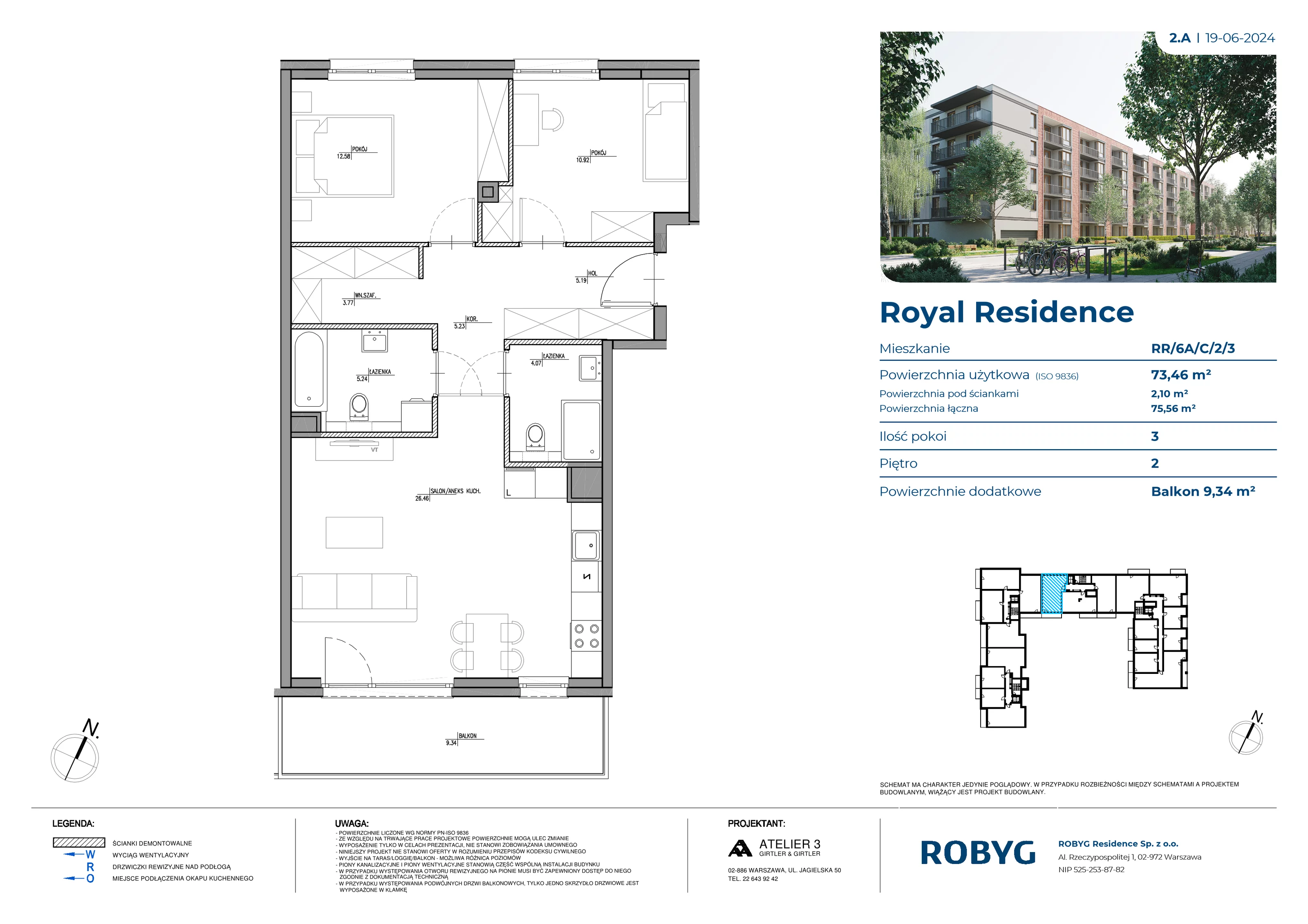 3 pokoje, mieszkanie 73,46 m², piętro 2, oferta nr RR/6A/C/2/3, Royal Residence 6A, Warszawa, Wilanów, Błonia Wilanowskie, ul. Sarmacka