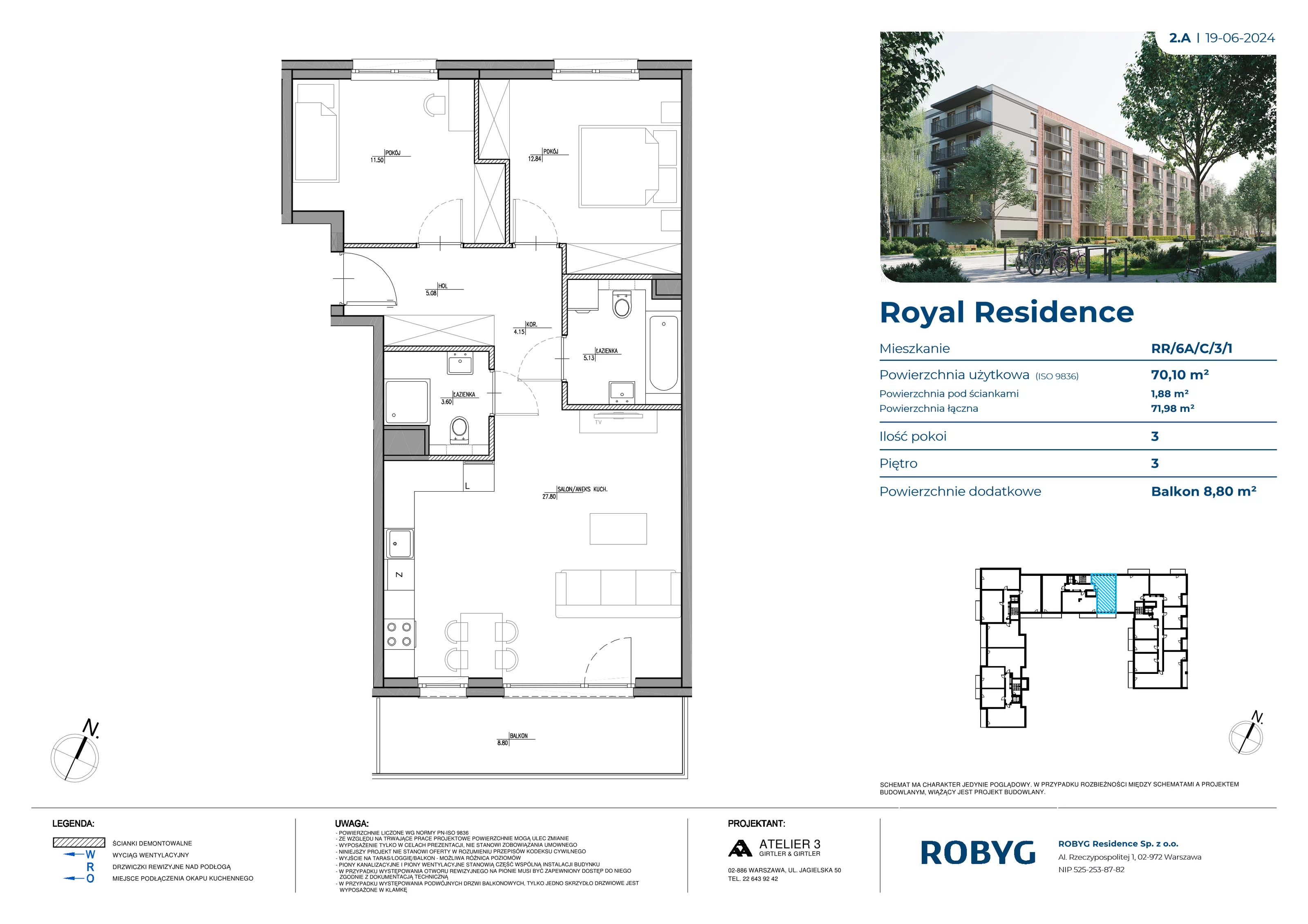 3 pokoje, mieszkanie 70,10 m², piętro 3, oferta nr RR/6A/C/3/1, Royal Residence 6A, Warszawa, Wilanów, Błonia Wilanowskie, ul. Sarmacka