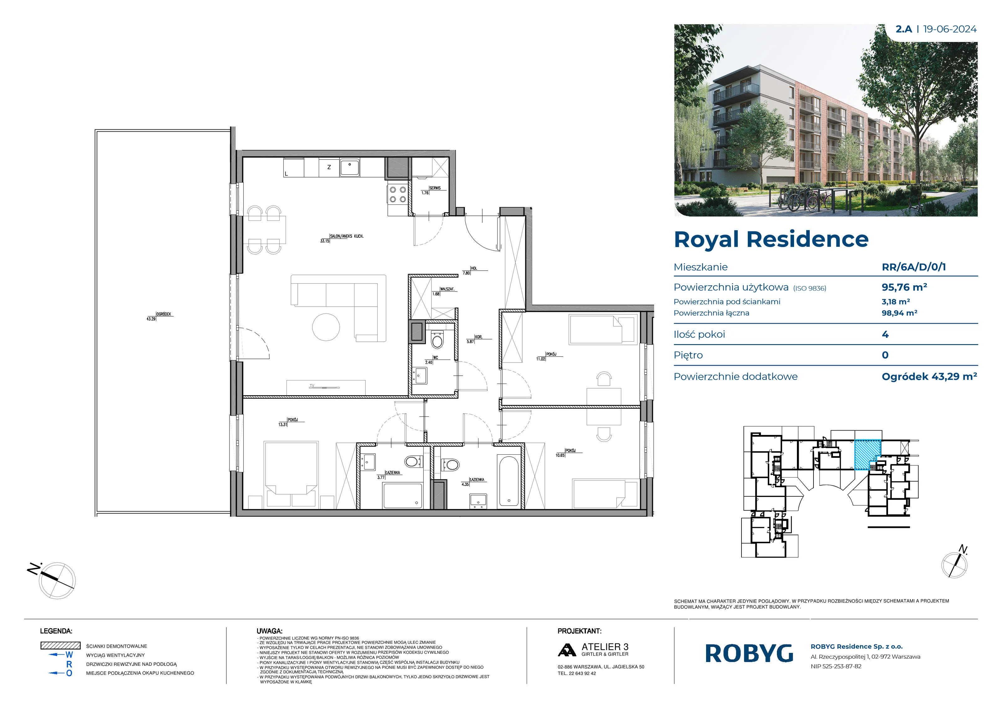 4 pokoje, mieszkanie 95,76 m², parter, oferta nr RR/6A/D/0/1, Royal Residence 6A, Warszawa, Wilanów, Błonia Wilanowskie, ul. Sarmacka