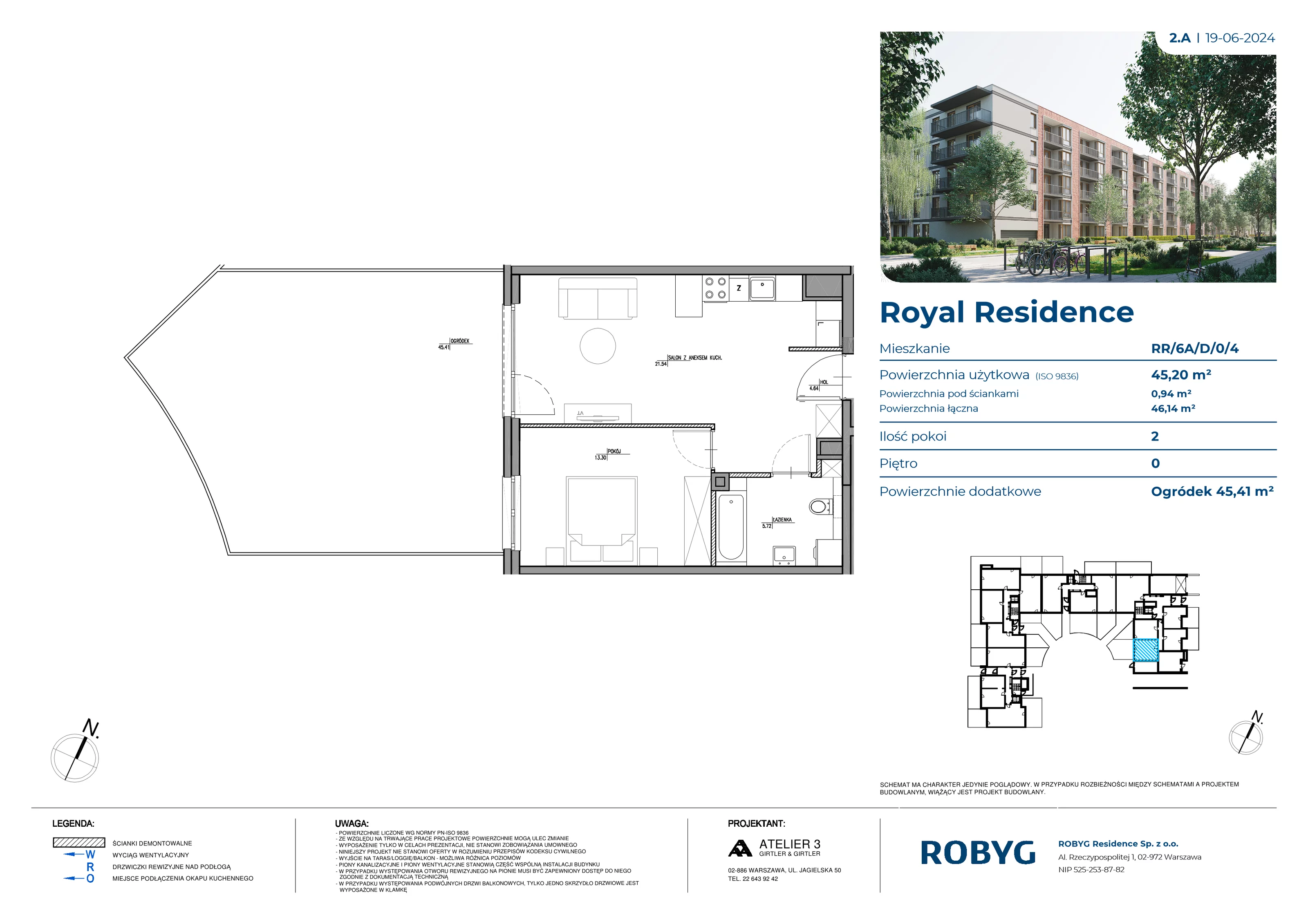 Mieszkanie 45,20 m², parter, oferta nr RR/6A/D/0/4, Royal Residence 6A, Warszawa, Wilanów, Błonia Wilanowskie, ul. Sarmacka