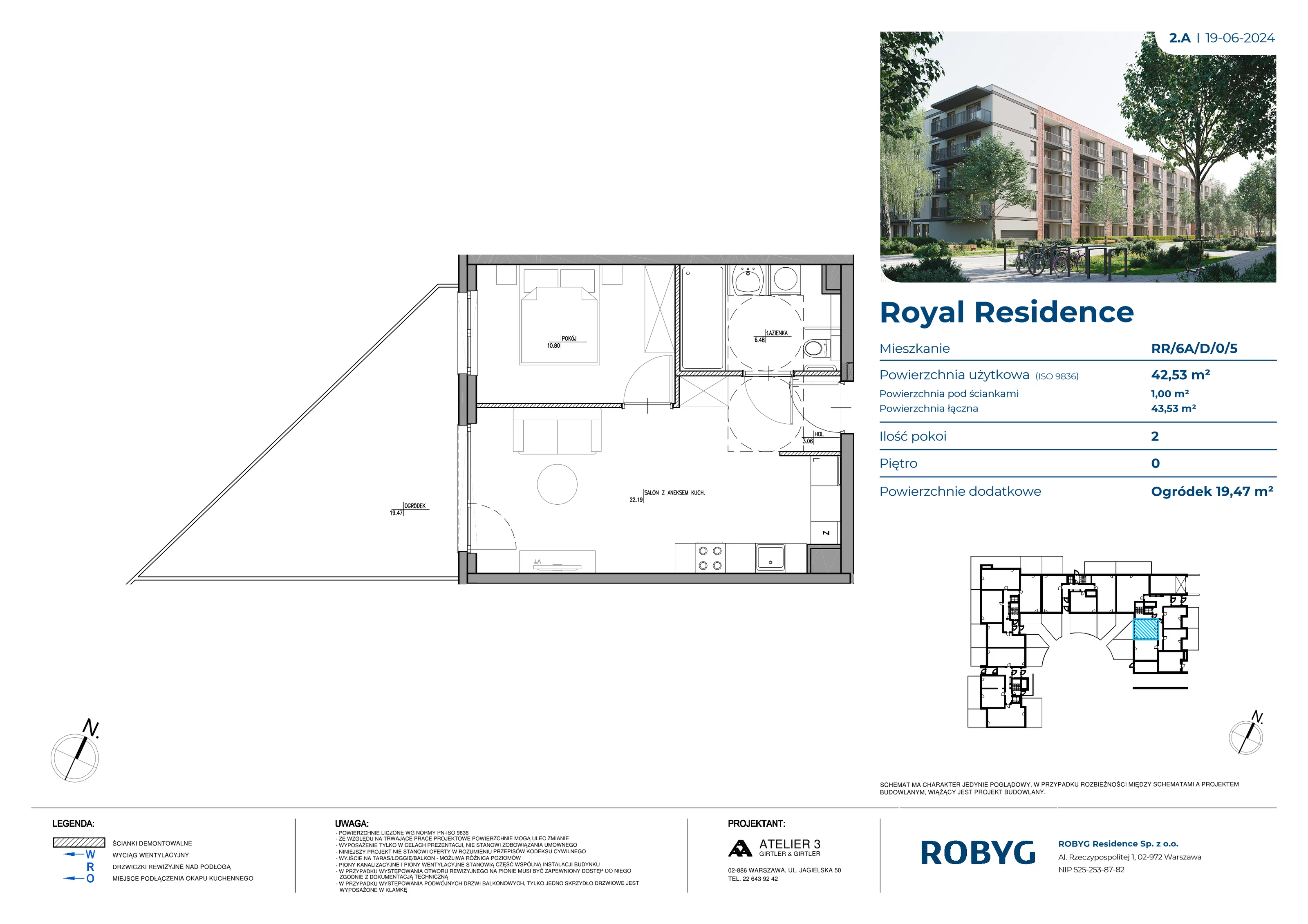 Mieszkanie 42,53 m², parter, oferta nr RR/6A/D/0/5, Royal Residence 6A, Warszawa, Wilanów, Błonia Wilanowskie, ul. Sarmacka