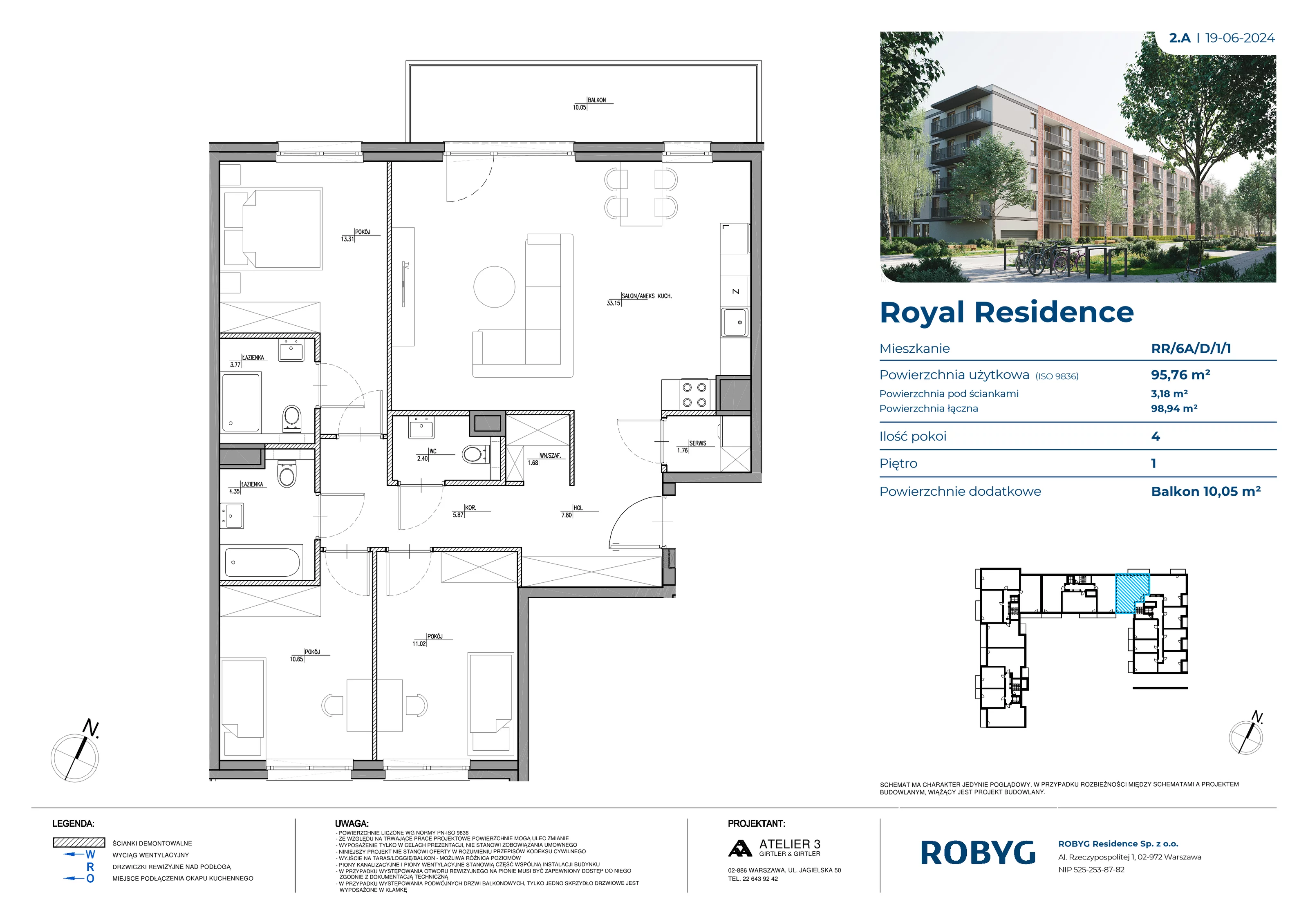 4 pokoje, mieszkanie 95,76 m², piętro 1, oferta nr RR/6A/D/1/1, Royal Residence 6A, Warszawa, Wilanów, Błonia Wilanowskie, ul. Sarmacka