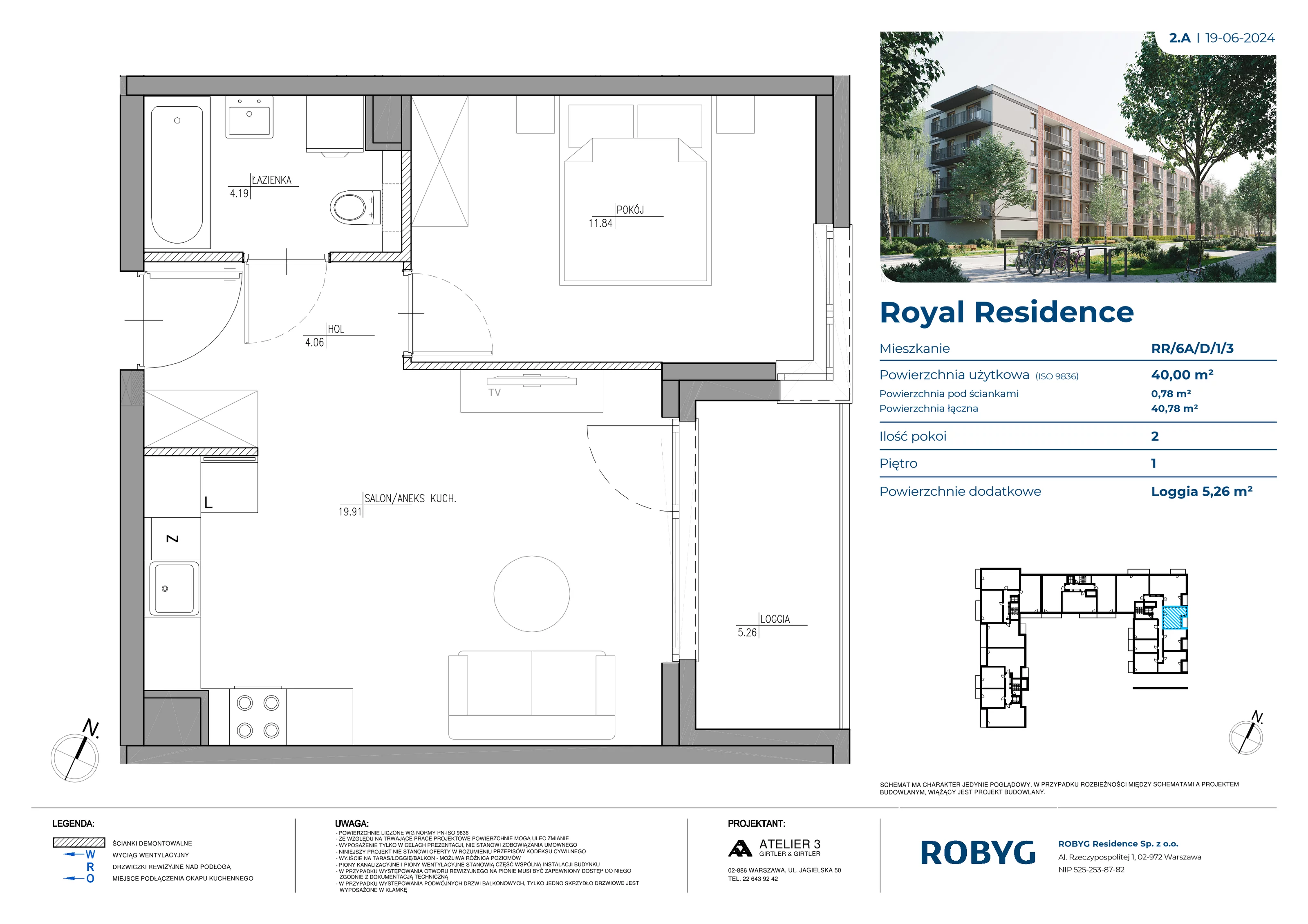 Mieszkanie 40,00 m², piętro 1, oferta nr RR/6A/D/1/3, Royal Residence 6A, Warszawa, Wilanów, Błonia Wilanowskie, ul. Sarmacka