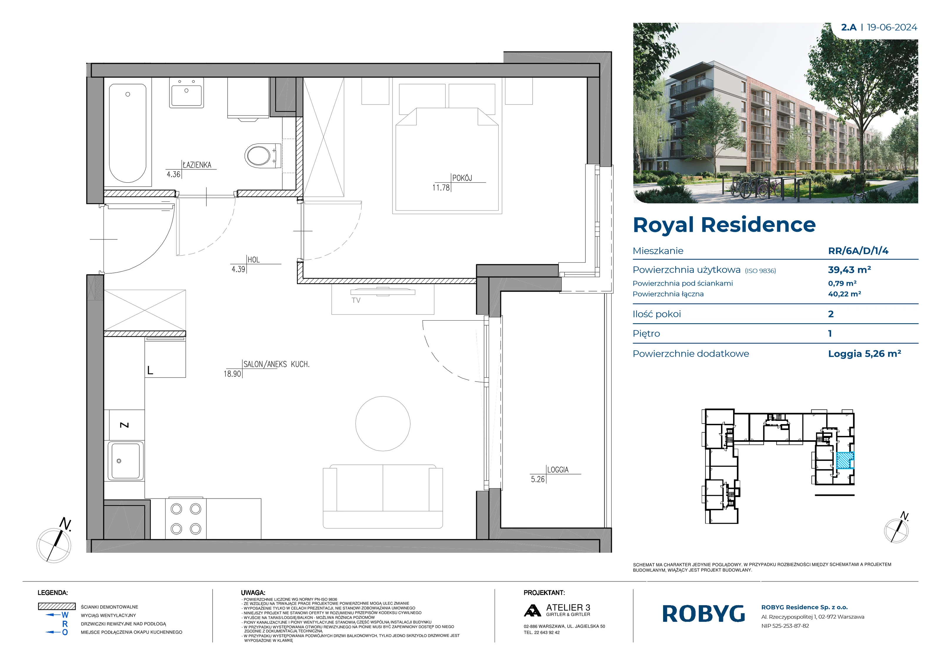 Mieszkanie 39,43 m², piętro 1, oferta nr RR/6A/D/1/4, Royal Residence 6A, Warszawa, Wilanów, Błonia Wilanowskie, ul. Sarmacka