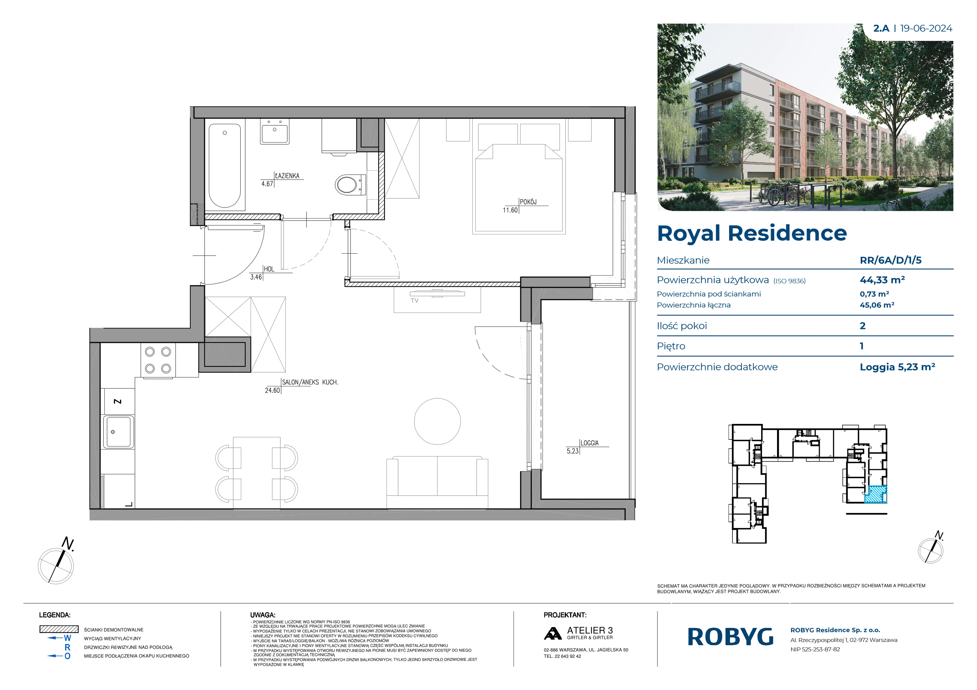 Mieszkanie 44,33 m², piętro 1, oferta nr RR/6A/D/1/5, Royal Residence 6A, Warszawa, Wilanów, Błonia Wilanowskie, ul. Sarmacka