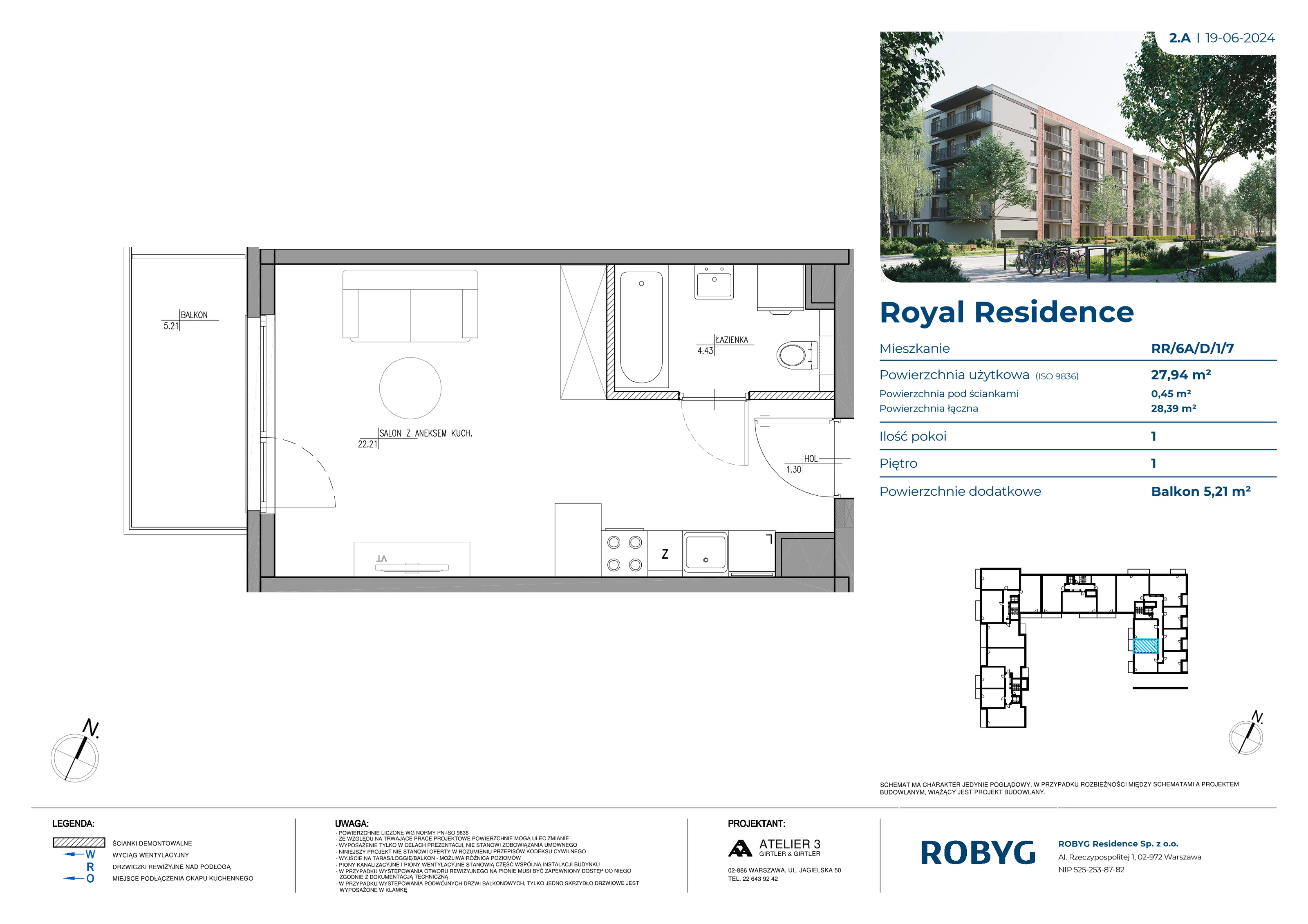 Mieszkanie 27,94 m², piętro 1, oferta nr RR/6A/D/1/7, Royal Residence 6A, Warszawa, Wilanów, Błonia Wilanowskie, ul. Sarmacka