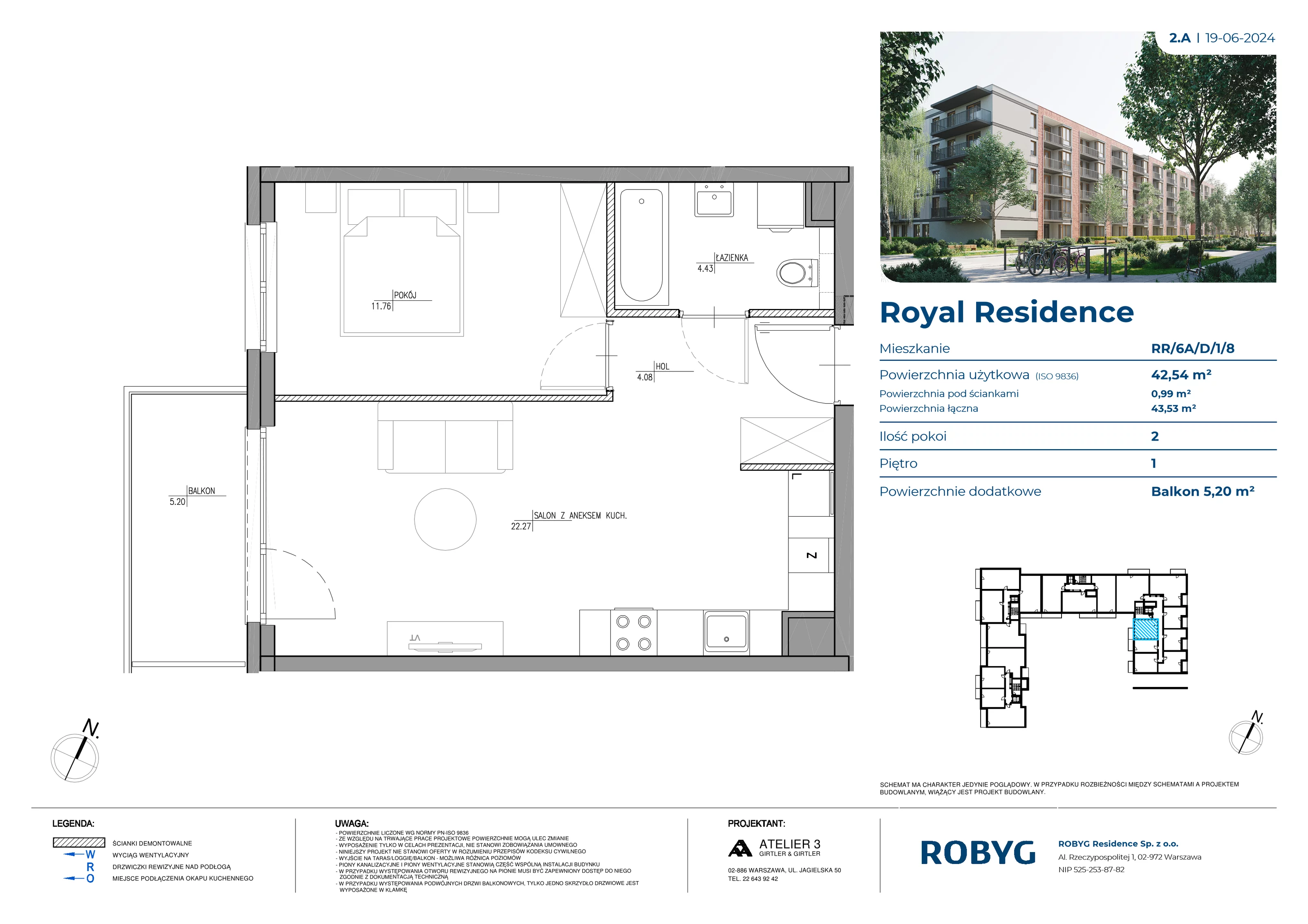 Mieszkanie 42,54 m², piętro 1, oferta nr RR/6A/D/1/8, Royal Residence 6A, Warszawa, Wilanów, Błonia Wilanowskie, ul. Sarmacka