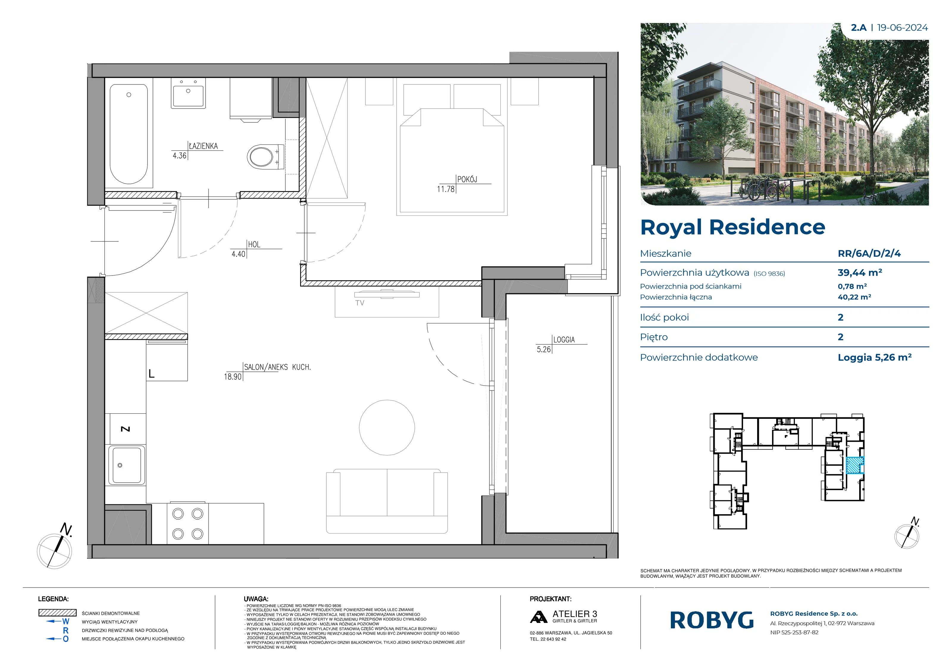 Mieszkanie 39,44 m², piętro 2, oferta nr RR/6A/D/2/4, Royal Residence 6A, Warszawa, Wilanów, Błonia Wilanowskie, ul. Sarmacka