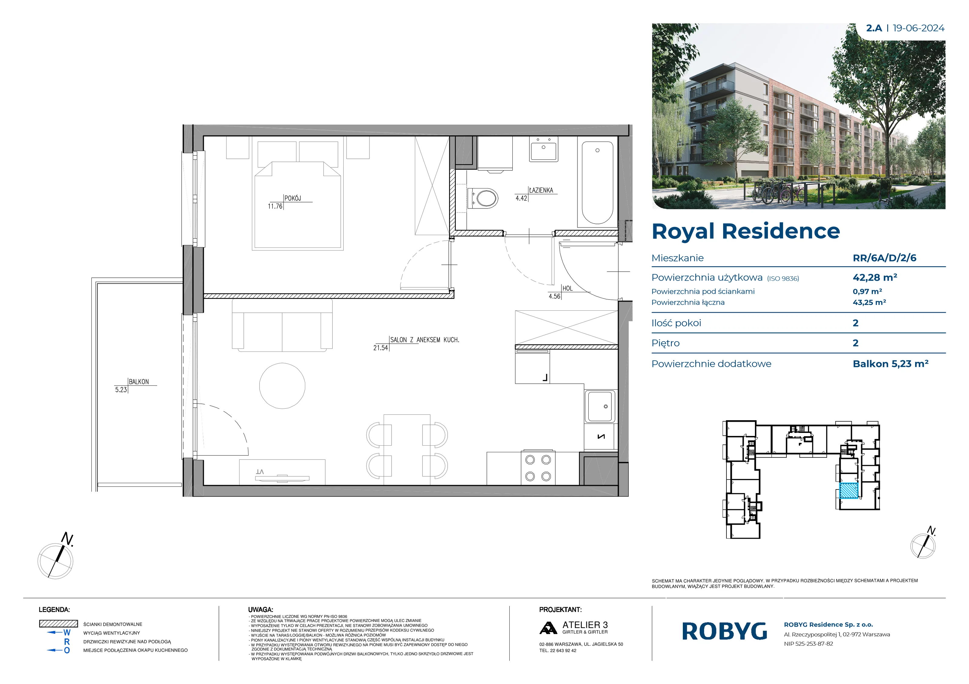 Mieszkanie 42,28 m², piętro 2, oferta nr RR/6A/D/2/6, Royal Residence 6A, Warszawa, Wilanów, Błonia Wilanowskie, ul. Sarmacka