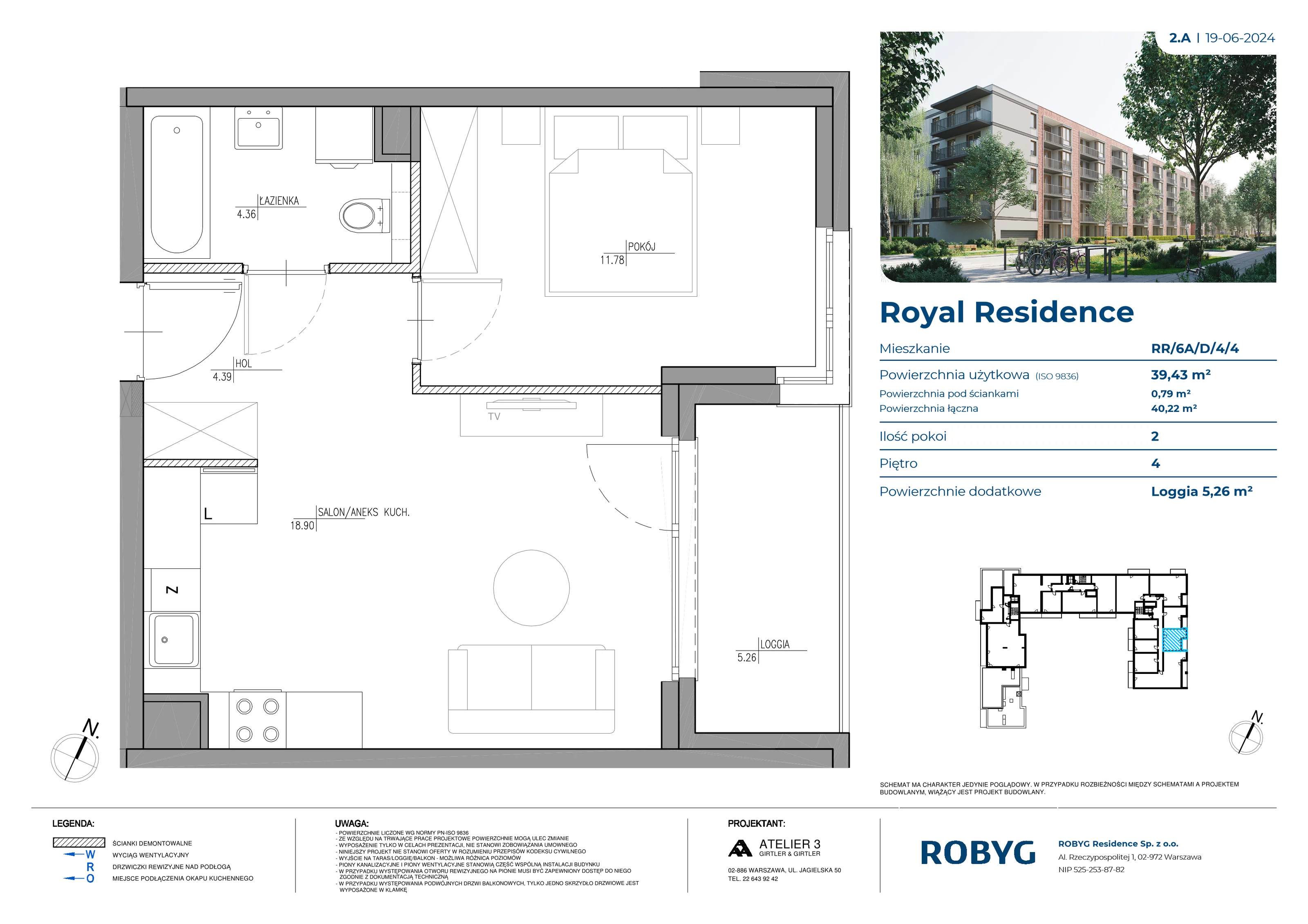 Mieszkanie 39,43 m², piętro 4, oferta nr RR/6A/D/4/4, Royal Residence 6A, Warszawa, Wilanów, Błonia Wilanowskie, ul. Sarmacka