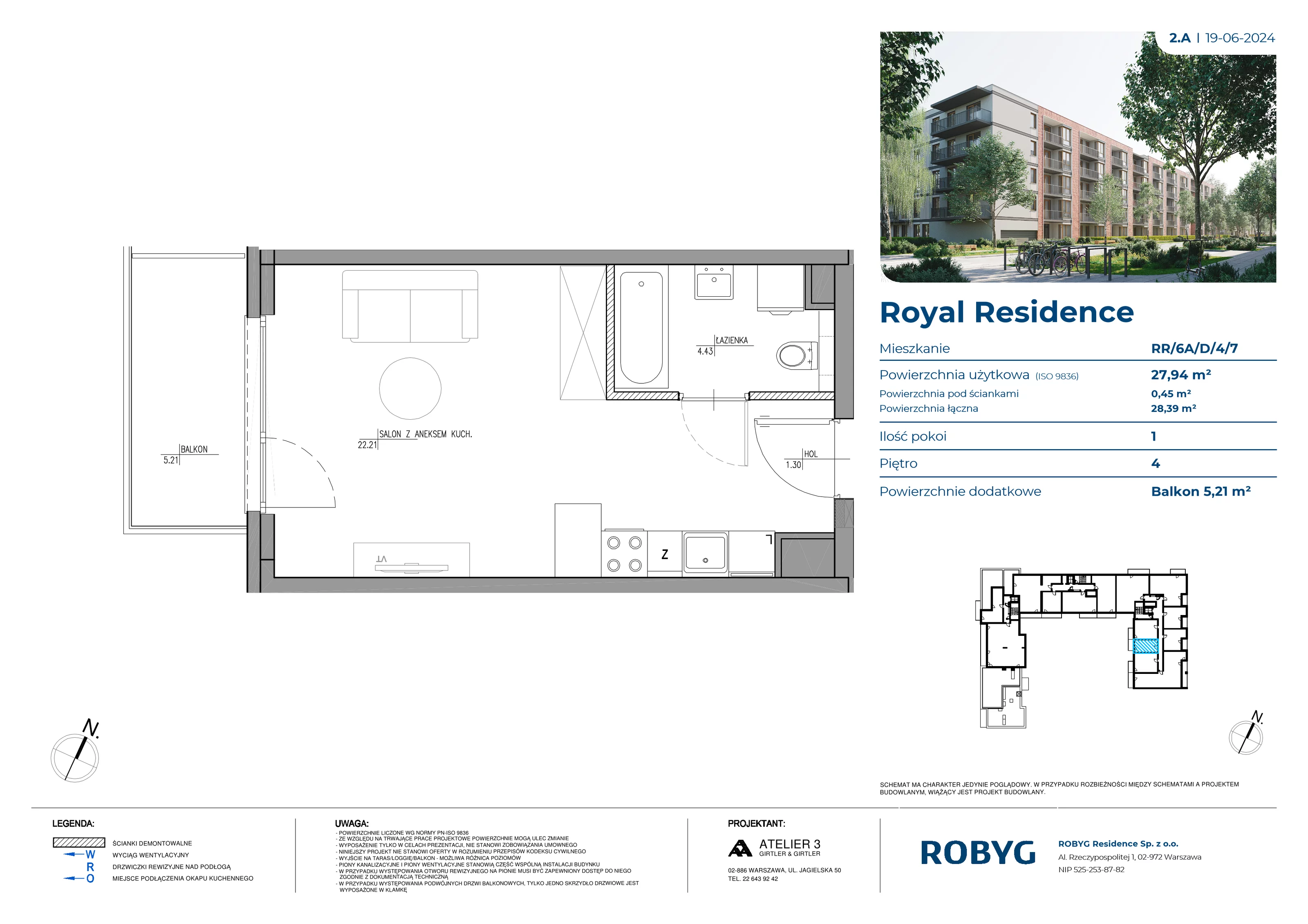 Mieszkanie 27,94 m², piętro 4, oferta nr RR/6A/D/4/7, Royal Residence 6A, Warszawa, Wilanów, Błonia Wilanowskie, ul. Sarmacka