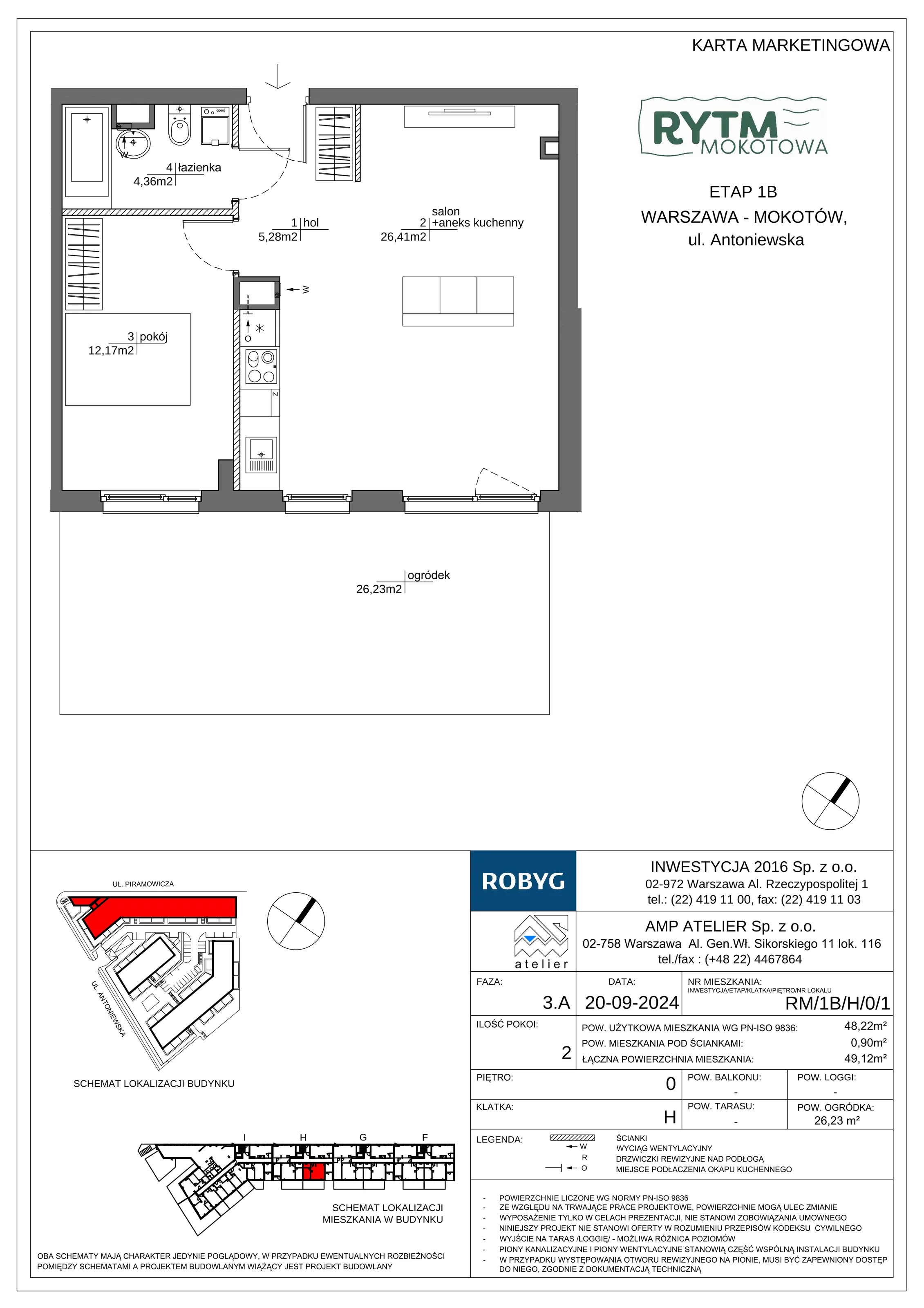 2 pokoje, mieszkanie 48,22 m², parter, oferta nr RM/1B/H/0/1, Rytm Mokotowa 1B, Warszawa, Mokotów, Augustówka, ul. Antoniewska / Piramowicza