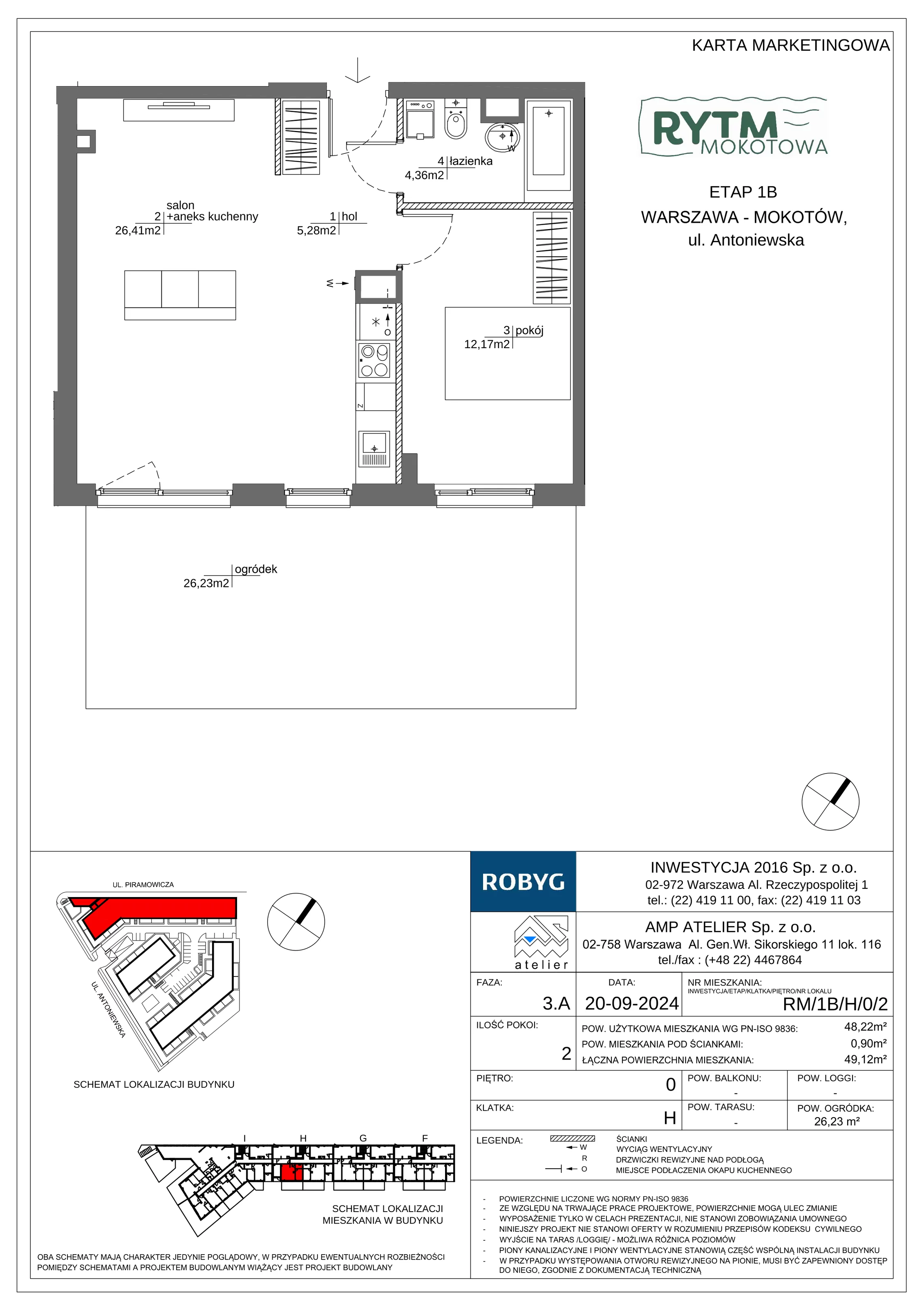 2 pokoje, mieszkanie 48,22 m², parter, oferta nr RM/1B/H/0/2, Rytm Mokotowa 1B, Warszawa, Mokotów, Augustówka, ul. Antoniewska / Piramowicza