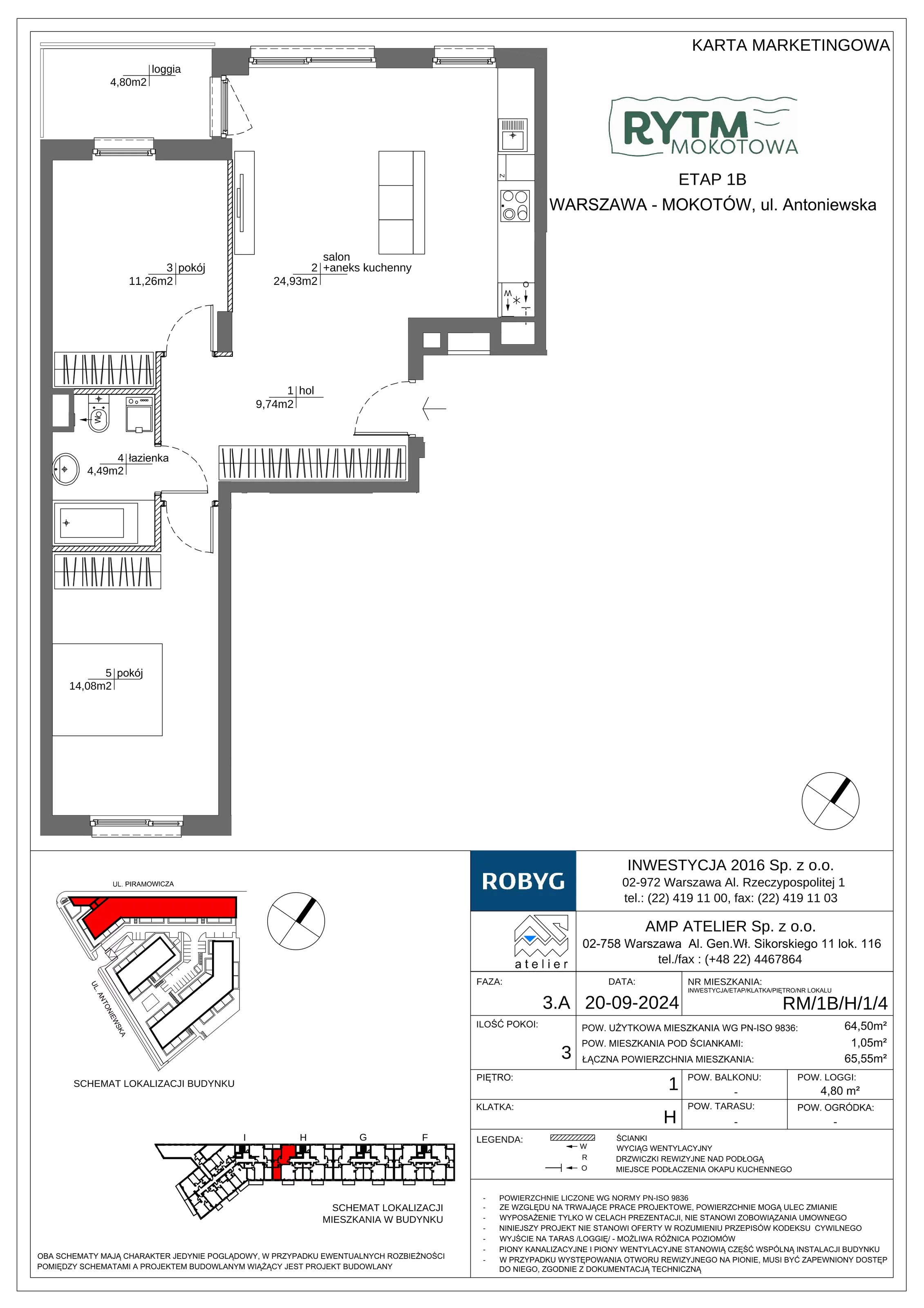 3 pokoje, mieszkanie 64,50 m², piętro 1, oferta nr RM/1B/H/1/4, Rytm Mokotowa 1B, Warszawa, Mokotów, Augustówka, ul. Antoniewska / Piramowicza