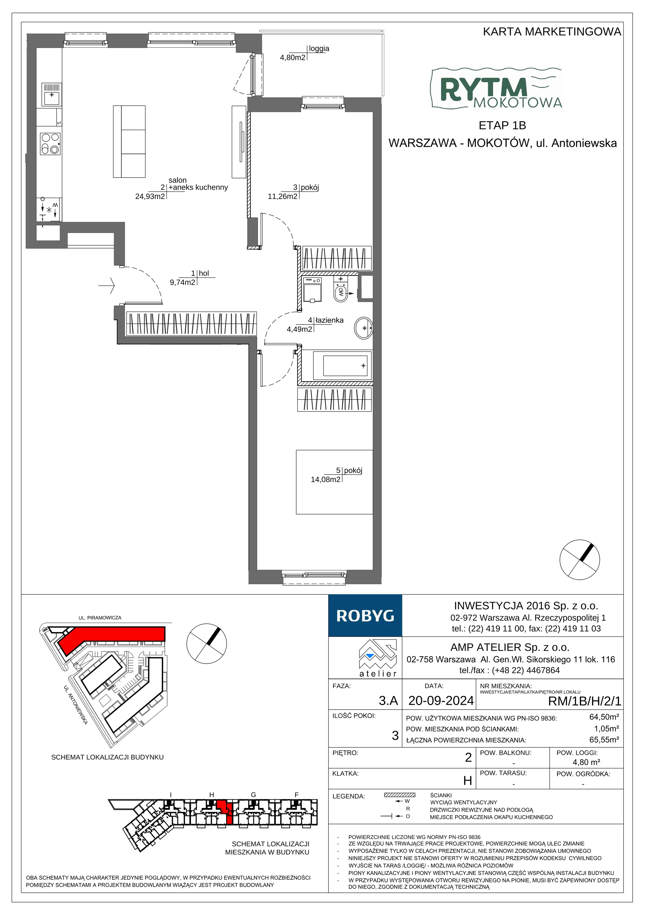 3 pokoje, mieszkanie 64,50 m², piętro 2, oferta nr RM/1B/H/2/1, Rytm Mokotowa 1B, Warszawa, Mokotów, Augustówka, ul. Antoniewska / Piramowicza